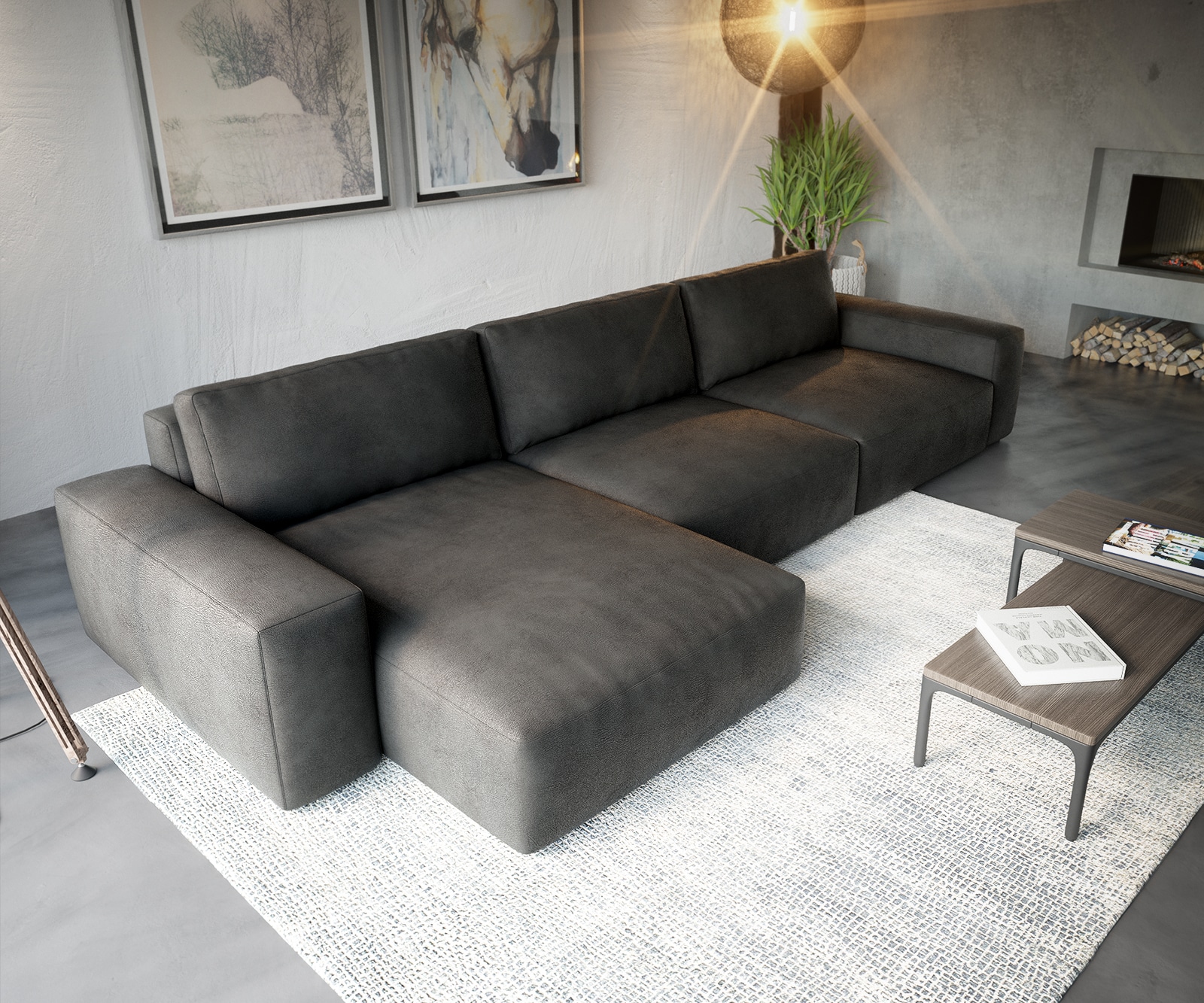 Ecksofa Lanzo XL 380x180 cm Lederimitat Vintage Anthrazit Recamiere variabel 4