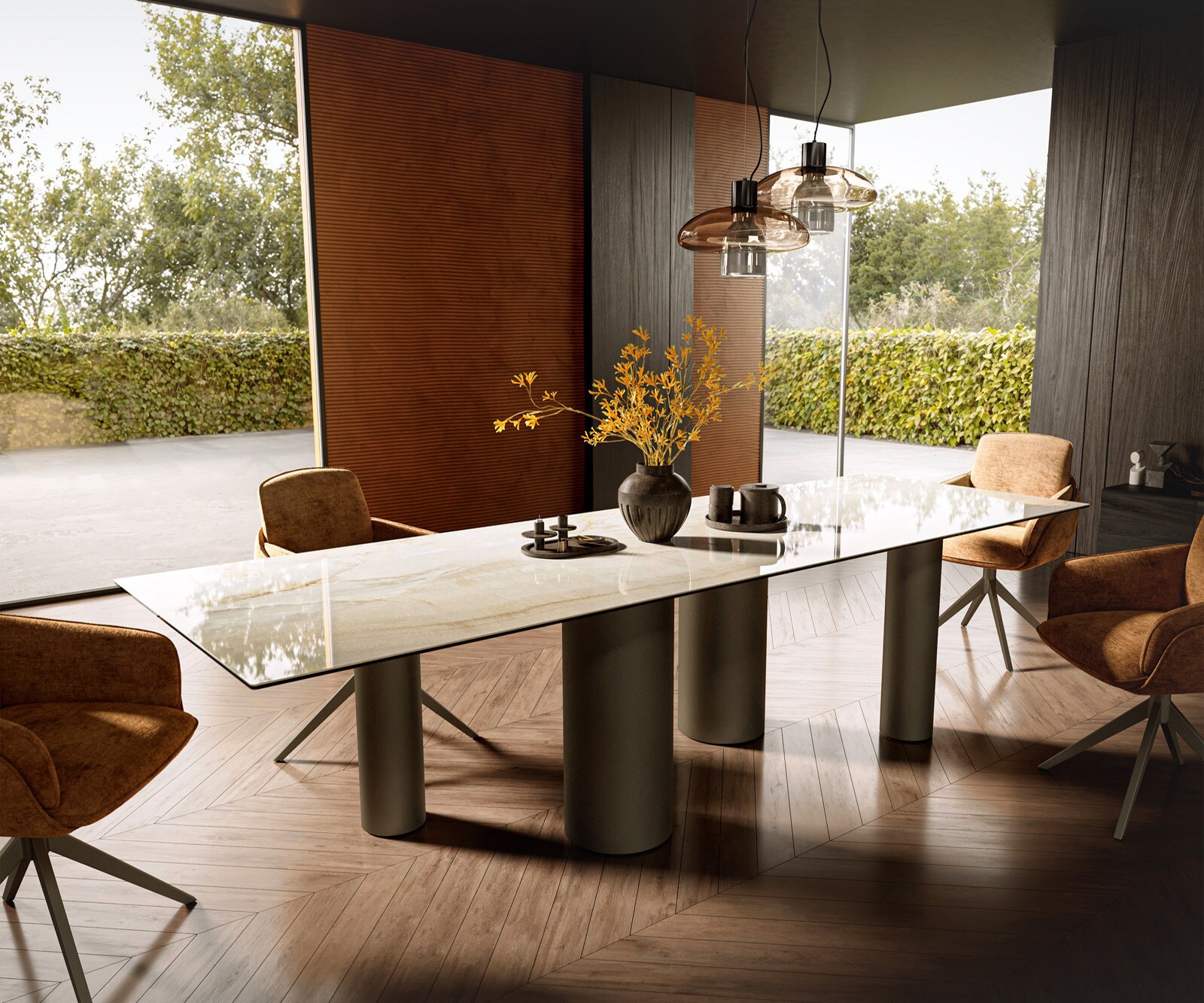 Esstisch Edge 300x100 Keramik Laminam® Onice Oro ?Pilier Metall Effektfinis günstig online kaufen