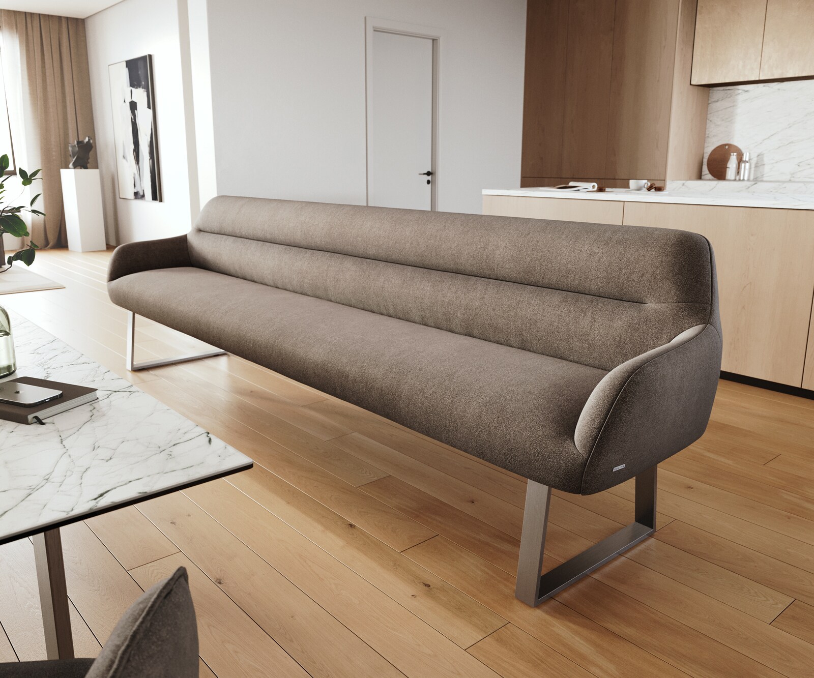 Esszimmerbank Taya-Flex 300 cm Strukturstoff Soft Taupe Kufengestell kantig Edelstahl Taschenfederkern 1