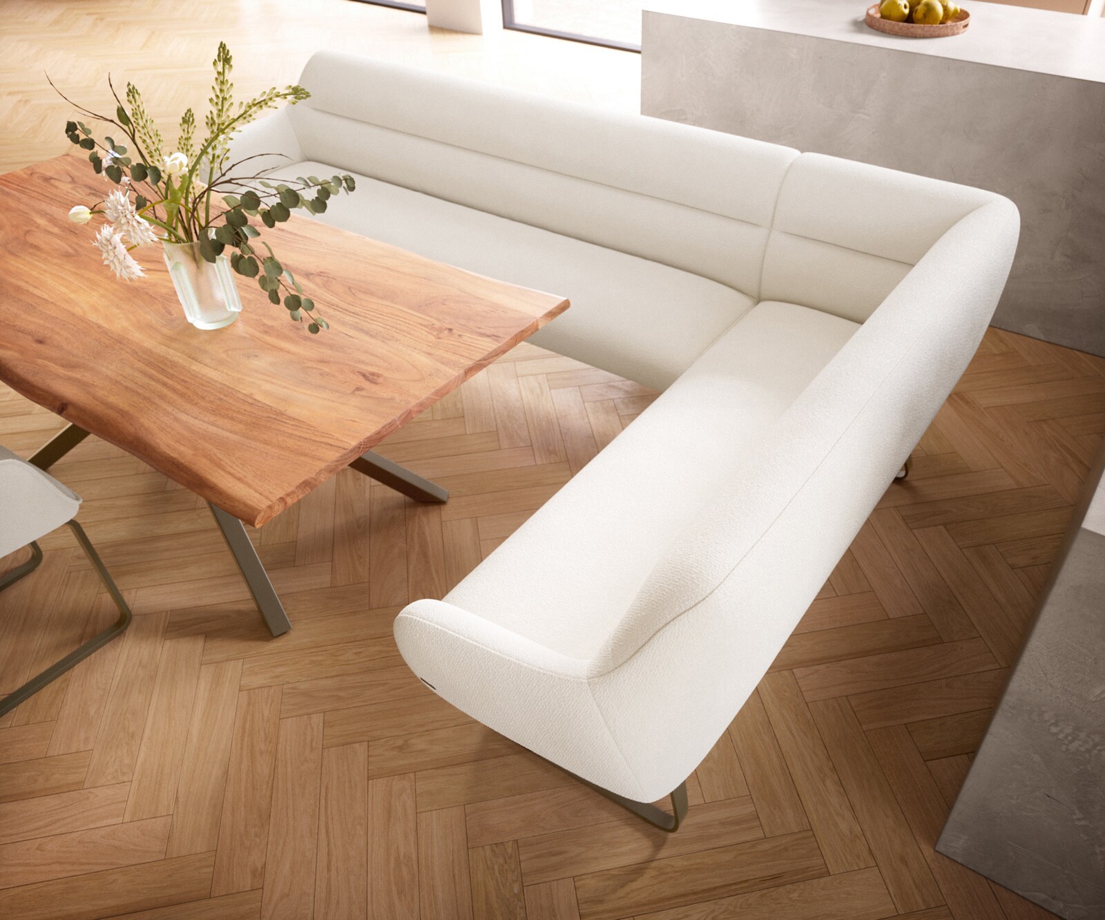 Esszimmerbank Taya-Flex 285x190 cm Bouclé Creme-Weiß Kufengestell flach Effektfinish Titan Taschenfederkern Links 3