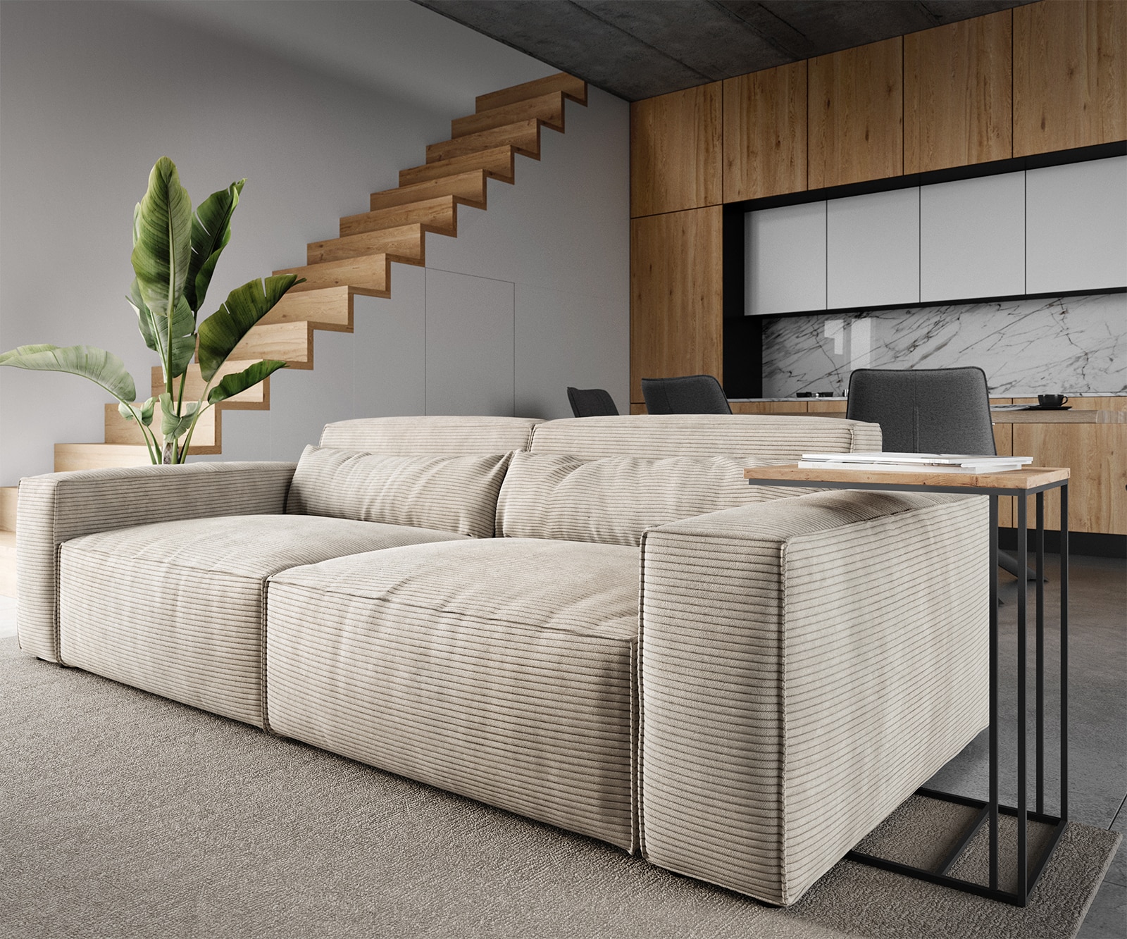 Big-Sofa Sirpio 230x95 cm Cord Beige mit Hocker 5