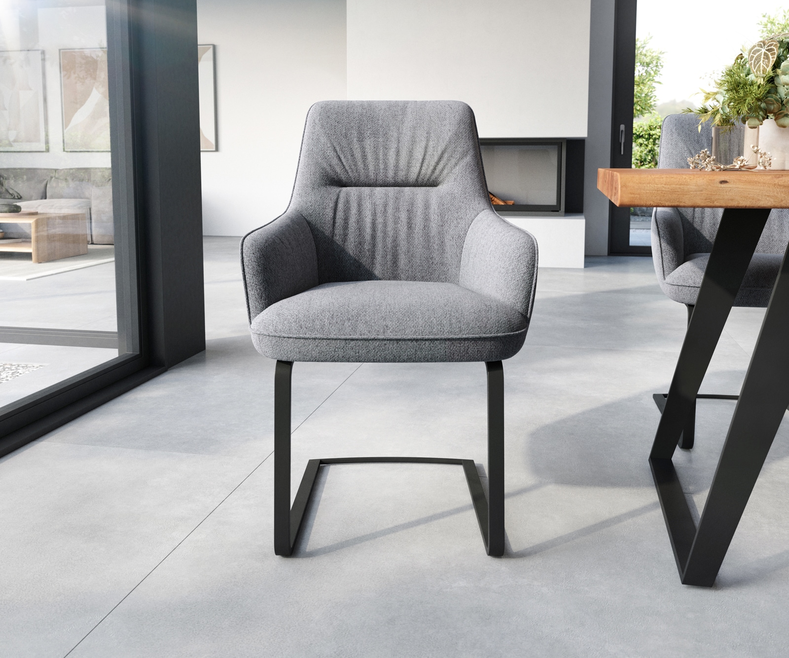 Freischwinger Zelia-Flex mit Armlehnen Strukturstoff Hellgrau Freischwinger flach Schwarz Taschenfederkern 2