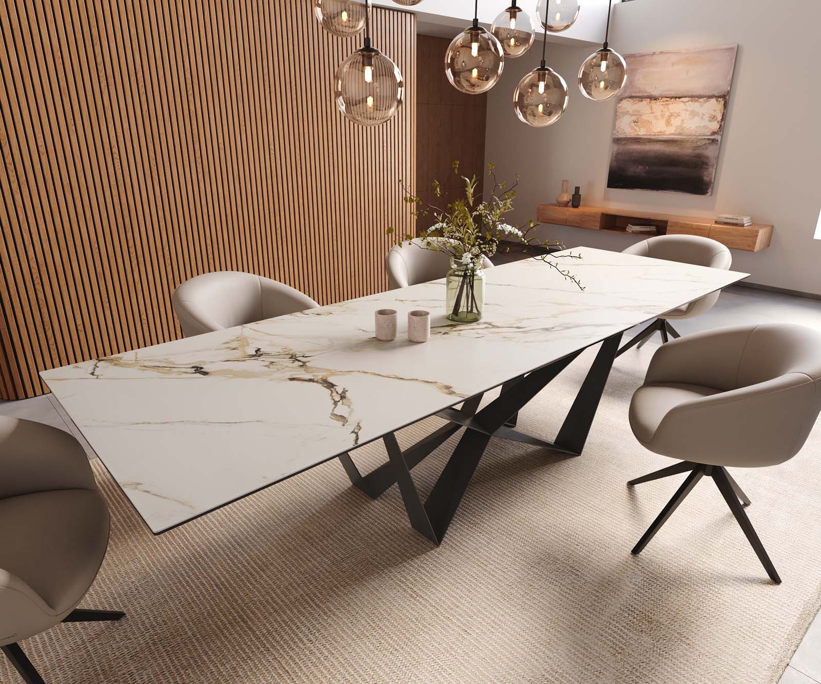 Delife Esstisch Edge 300x100 Keramik Calacatta Luxe Weiß-Gold-Grau Spider Flachstahl Schwarz