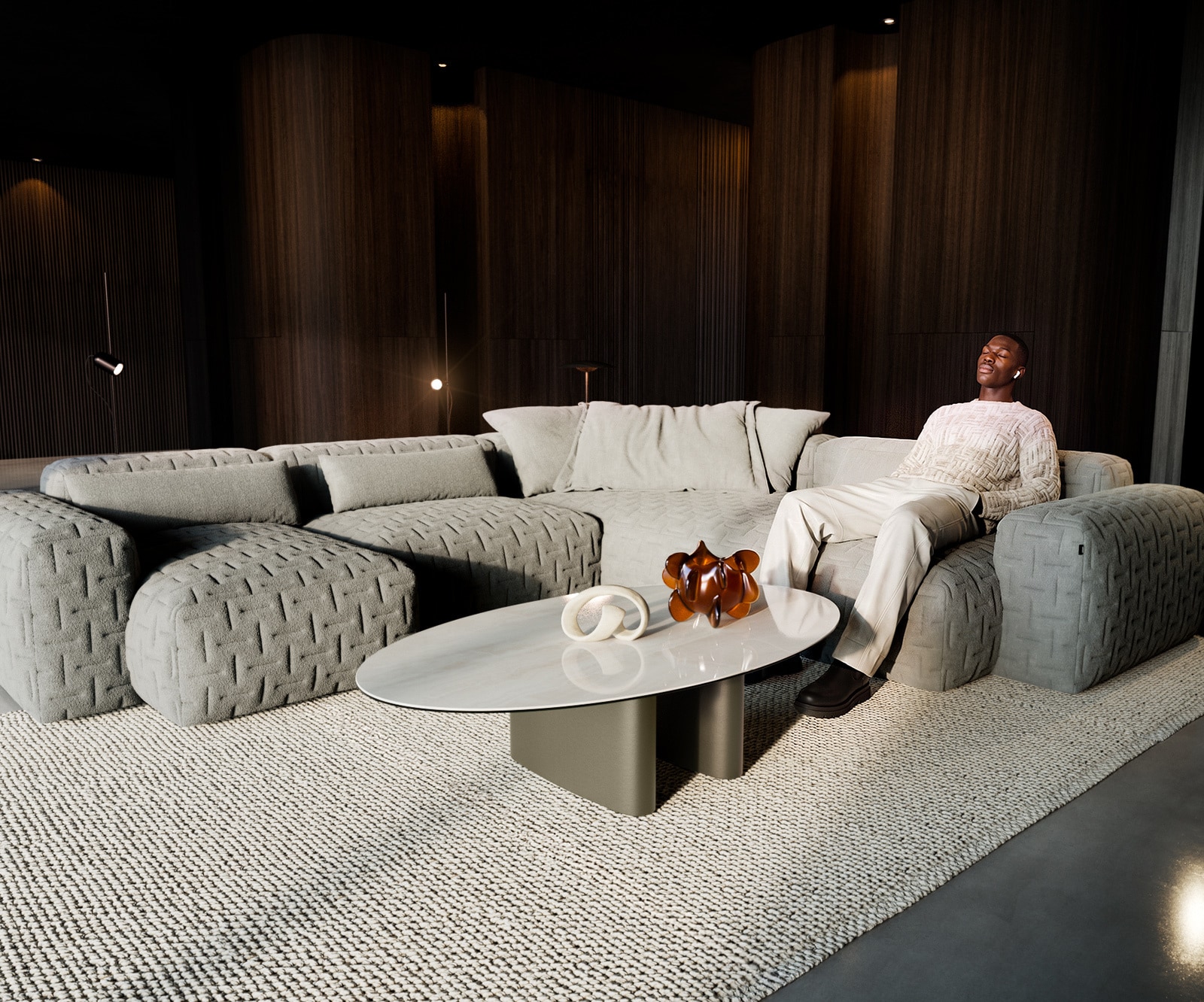 Couchtisch Edge Oval 140x80 cm Keramik Onyx Champagne Ovada Effektfinish Titan 6