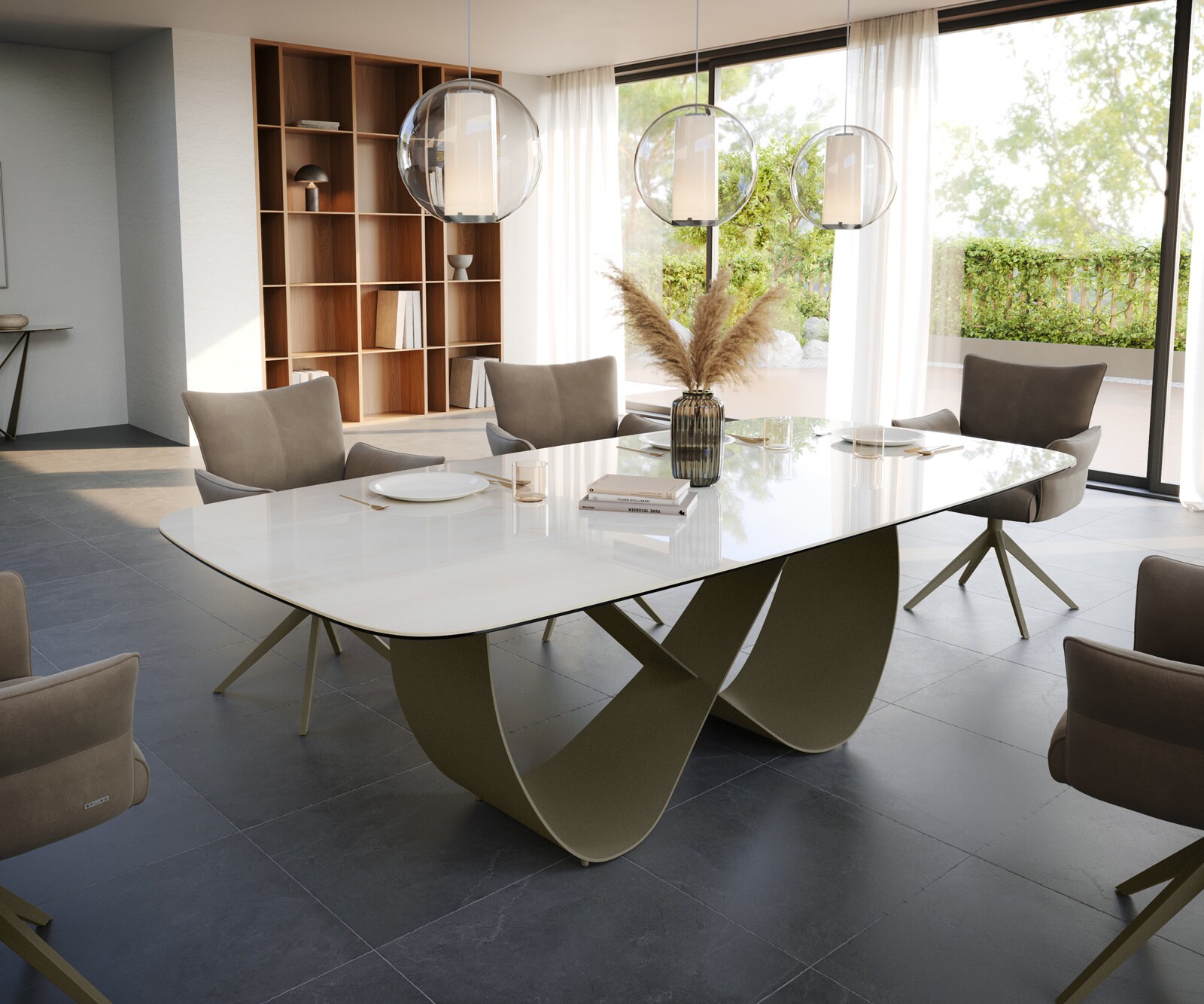 Esstisch Edge Boot 240x120 cm Keramik Onyx Champagne Infinity Metall Effektfinish Titan
