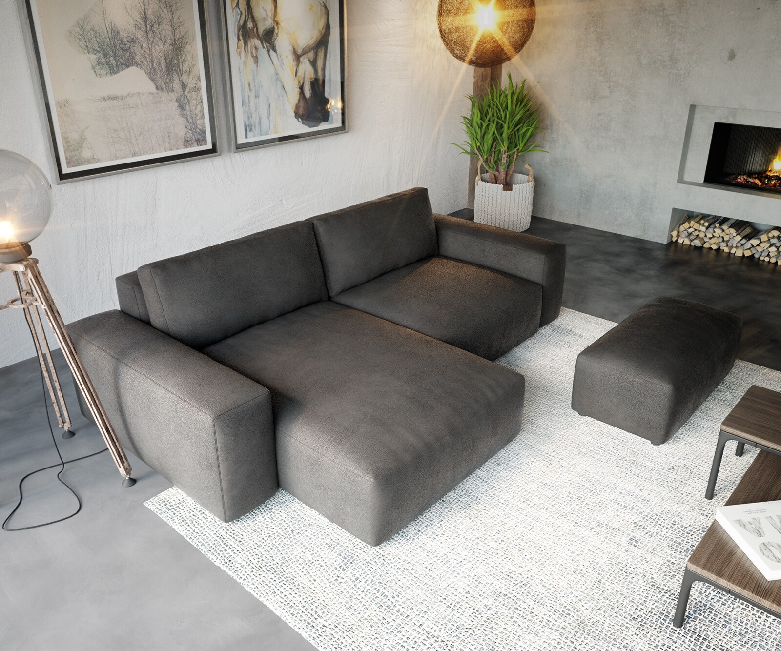 Ecksofa Lanzo XL 270x180 cm Lederimitat Vintage Anthrazit Recamiere variabel mit Hocker 3