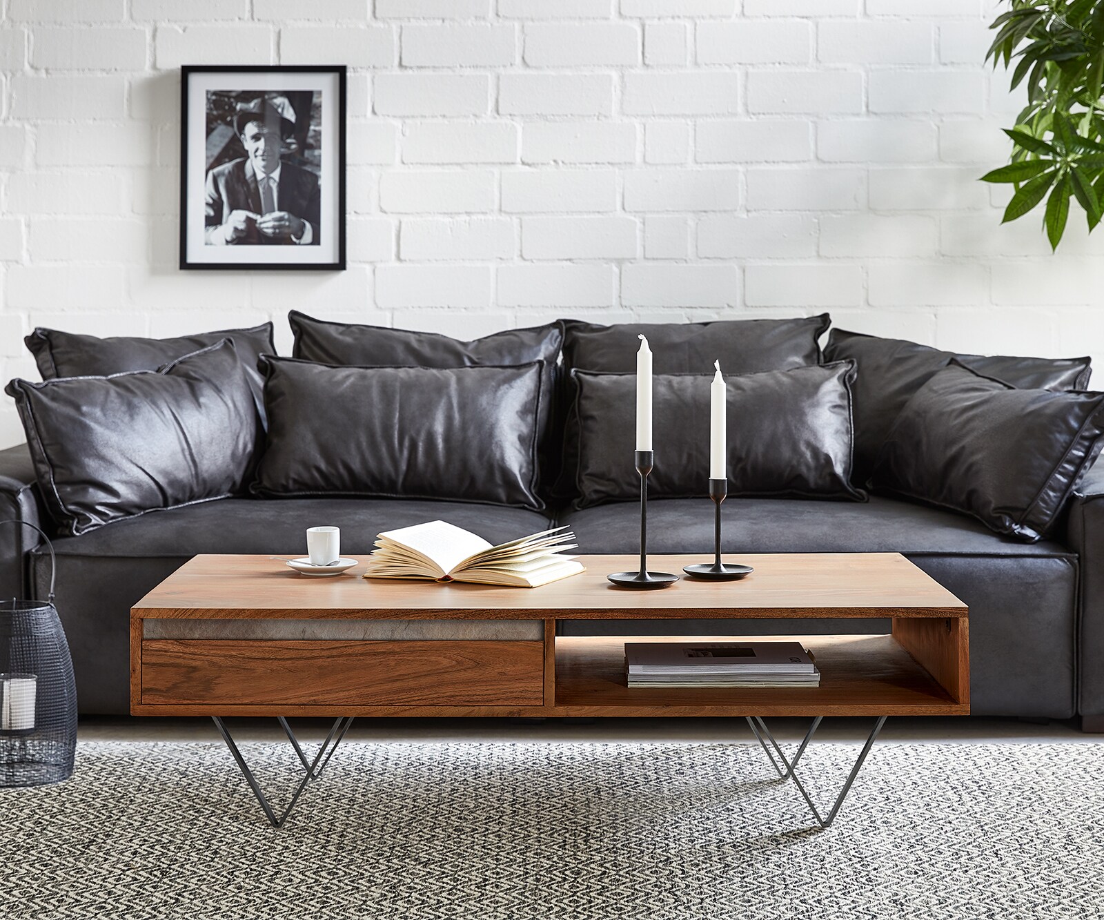 Couchtisch Stonegrace 115x60 cm Akazie Braun Schiefer 2 Schubladen 1 Fach V-Fuß Schwarz 1