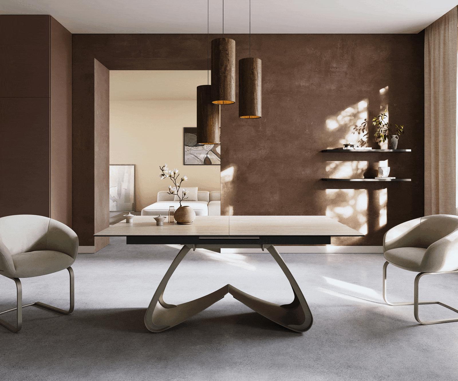 Esstisch Edge 180-220x100 Keramik Laminam® Travertino Bianco Creme-Weiß W-Gestell Effektfinish Titan ausziehbar 1