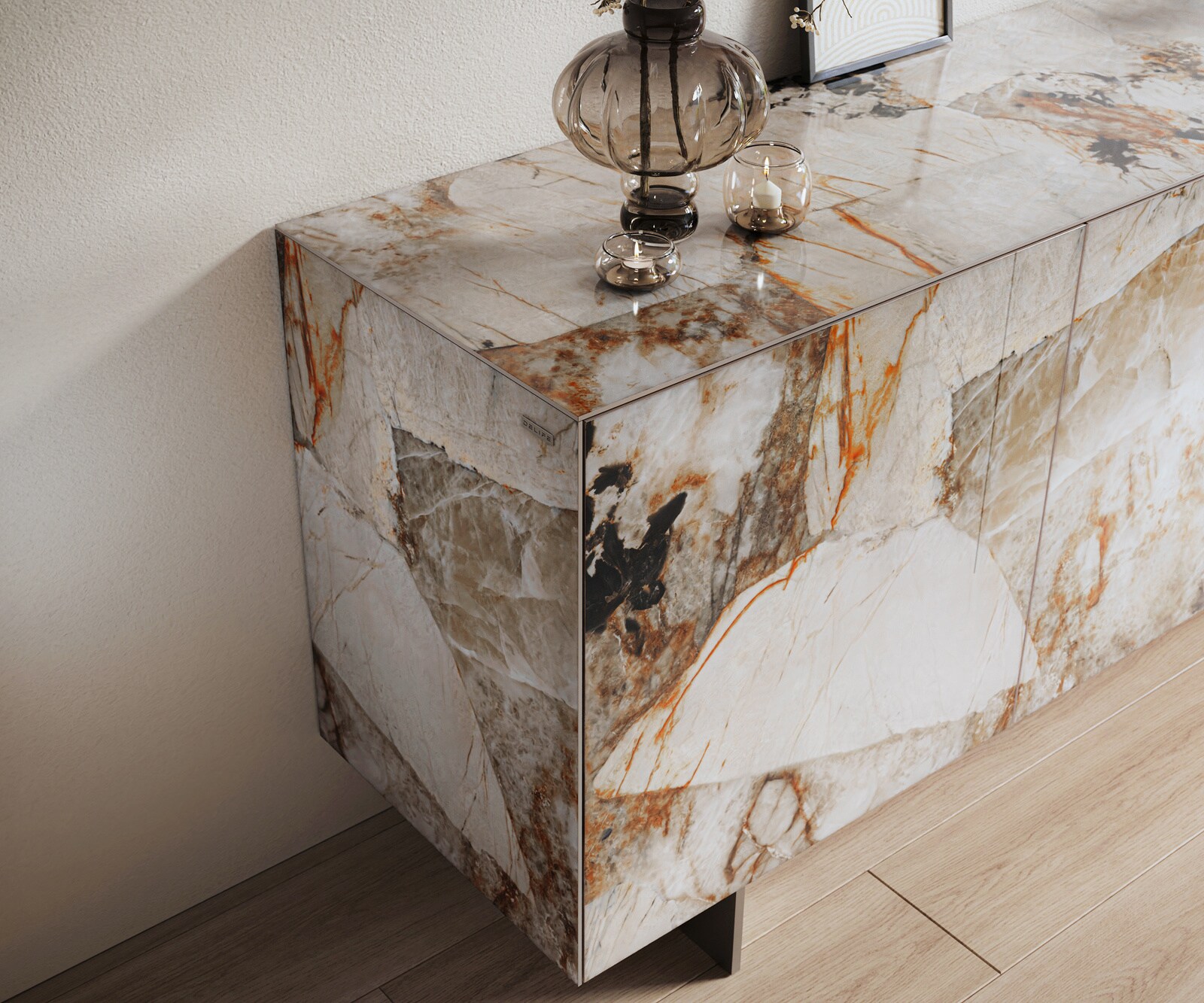 Sideboard Cuor 180 cm Keramik Patagonia Poliert 2 Türen 3 Schubfächer Fuß Schwebeoptik Edelstahl 6