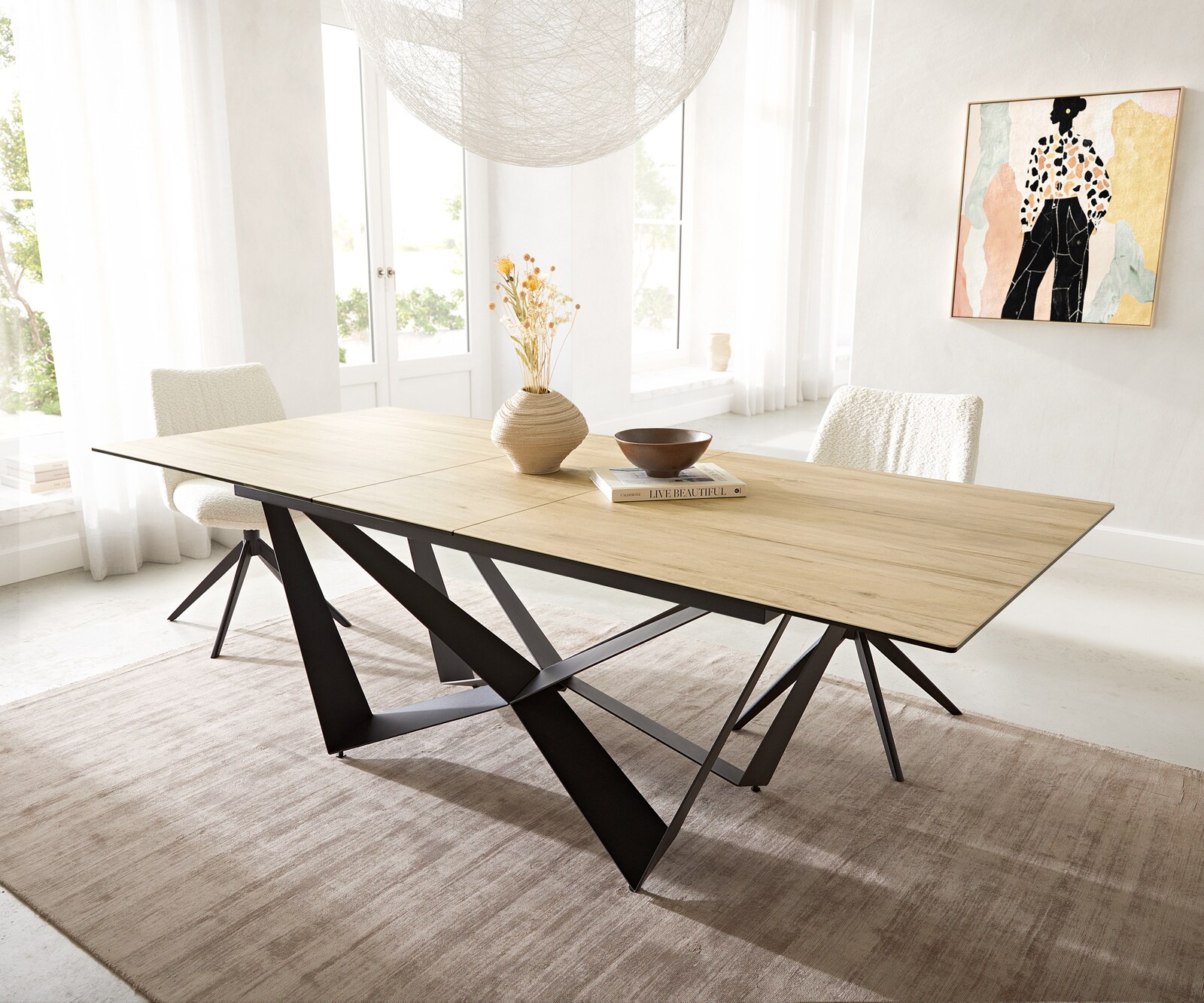 Esstisch Edge 180-220x100 Keramik Laminam® Sabbia Eichefarbig Spider Flachstahl Schwarz ausziehbar 1