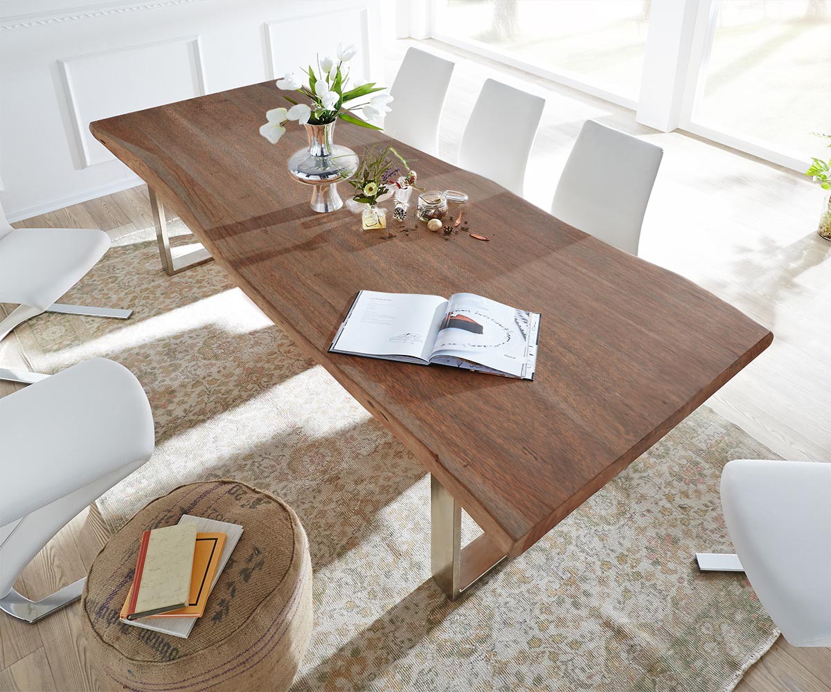 Esstisch Edge 300x100 XL Akazie Braun Edelstahl Schmal Live-Edge 1 Esstisch Edge 300x100 XL Akazie Braun Edelstahl Schmal Live-Edge 1