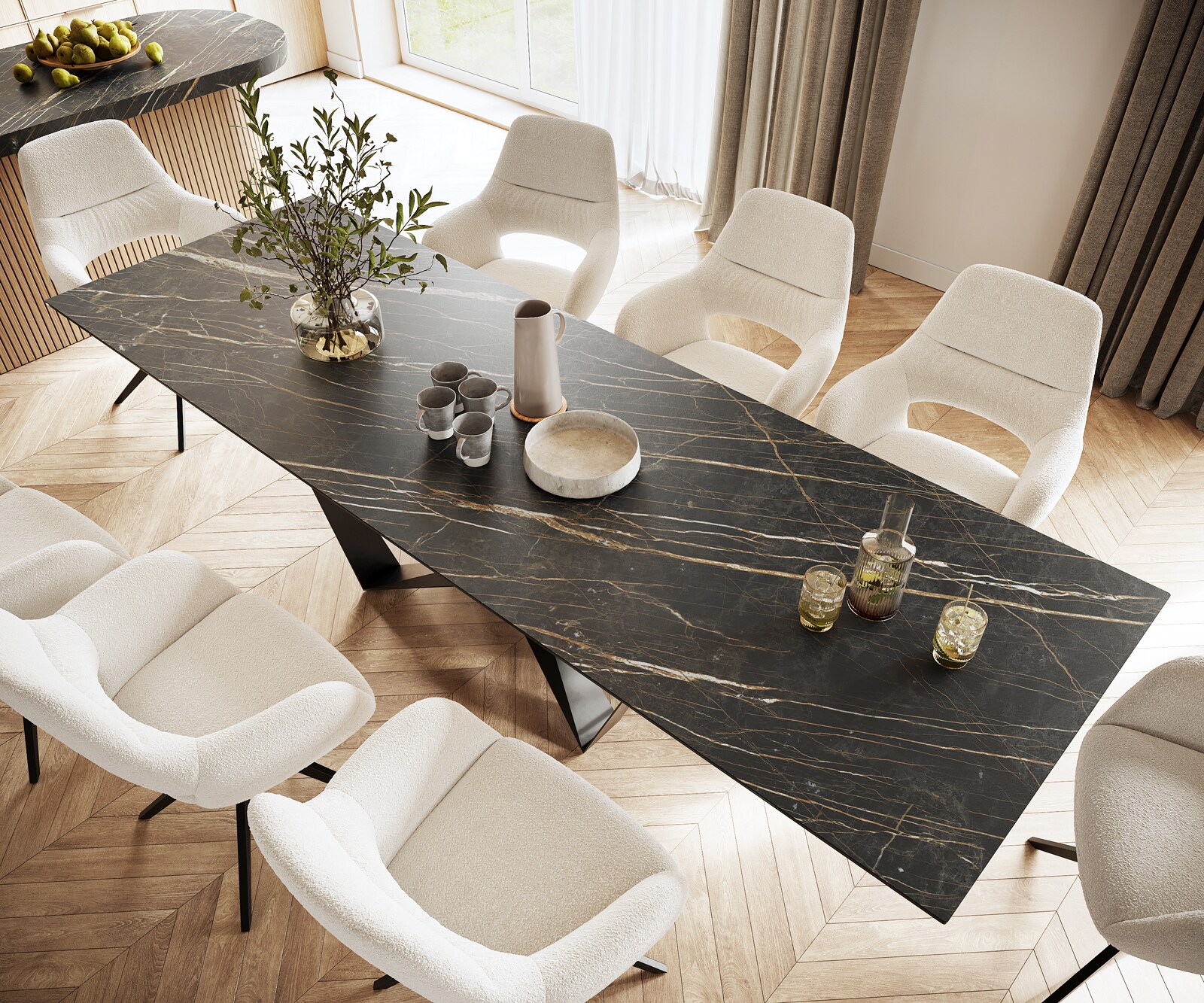 Esstisch Edge 300x100cm Keramik Laminam®Noir Desir Braun Mittelfuß Flachstahl Schwarz 3