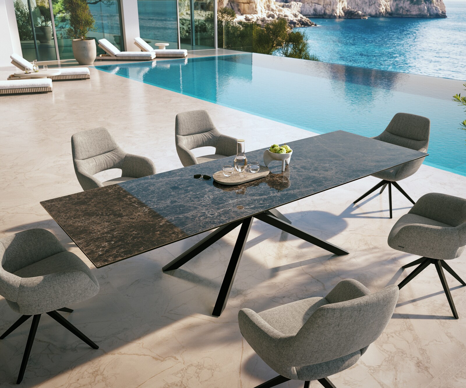 Outdoortisch Edge 300x100 cm Keramik Emperador Extra Lucidato Dunkelbraun Kreuzgestell Rechteck Schwarz 3