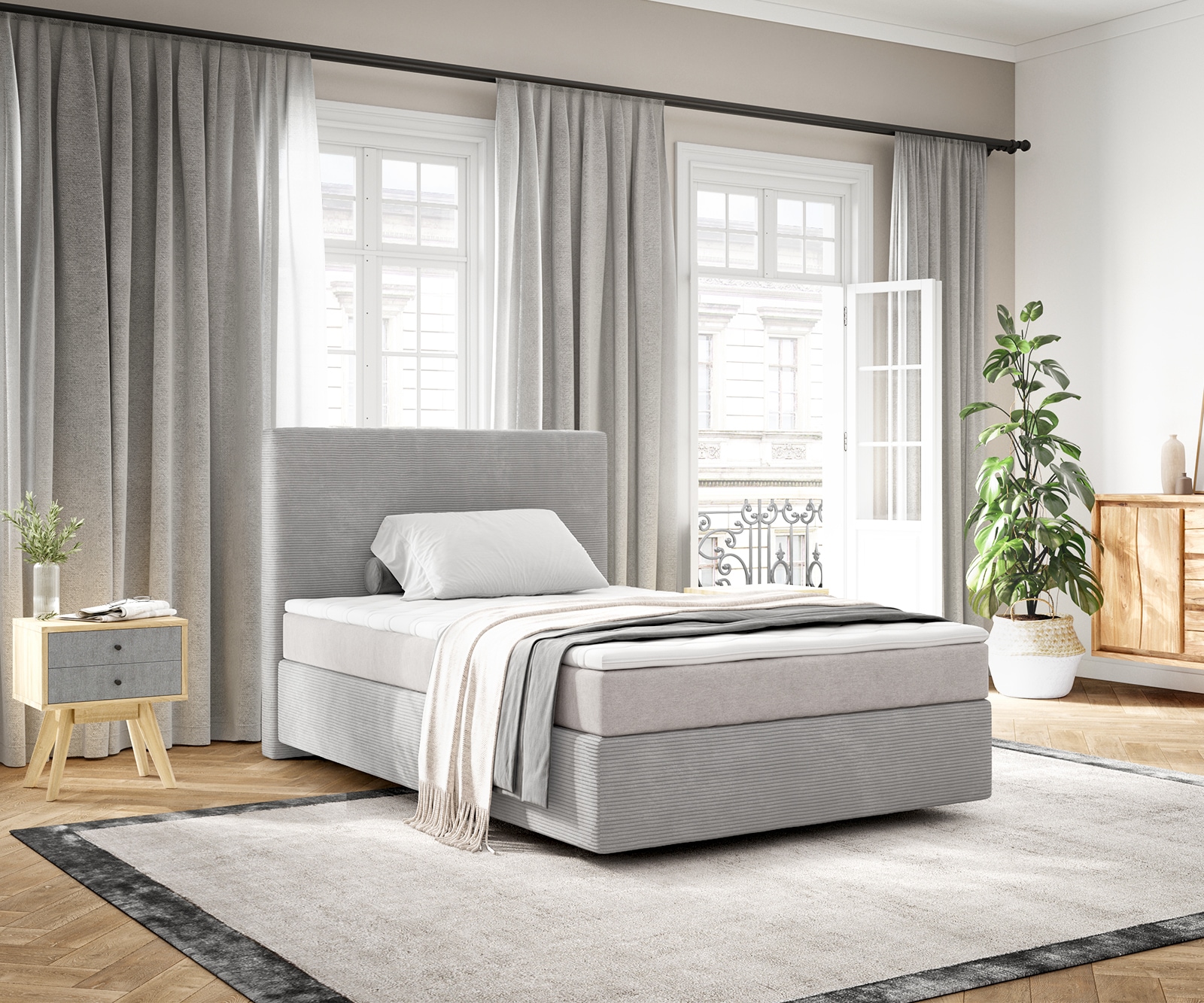 Boxspringbett Dream-Well 120x200 cm Cord Silbergrau mit Taschenfederkernmatratze und Topper Visco Boxspringbett Dream-Well 120x200 cm Cord Silbergrau mit Taschenfederkernmatratze und Topper Visco
