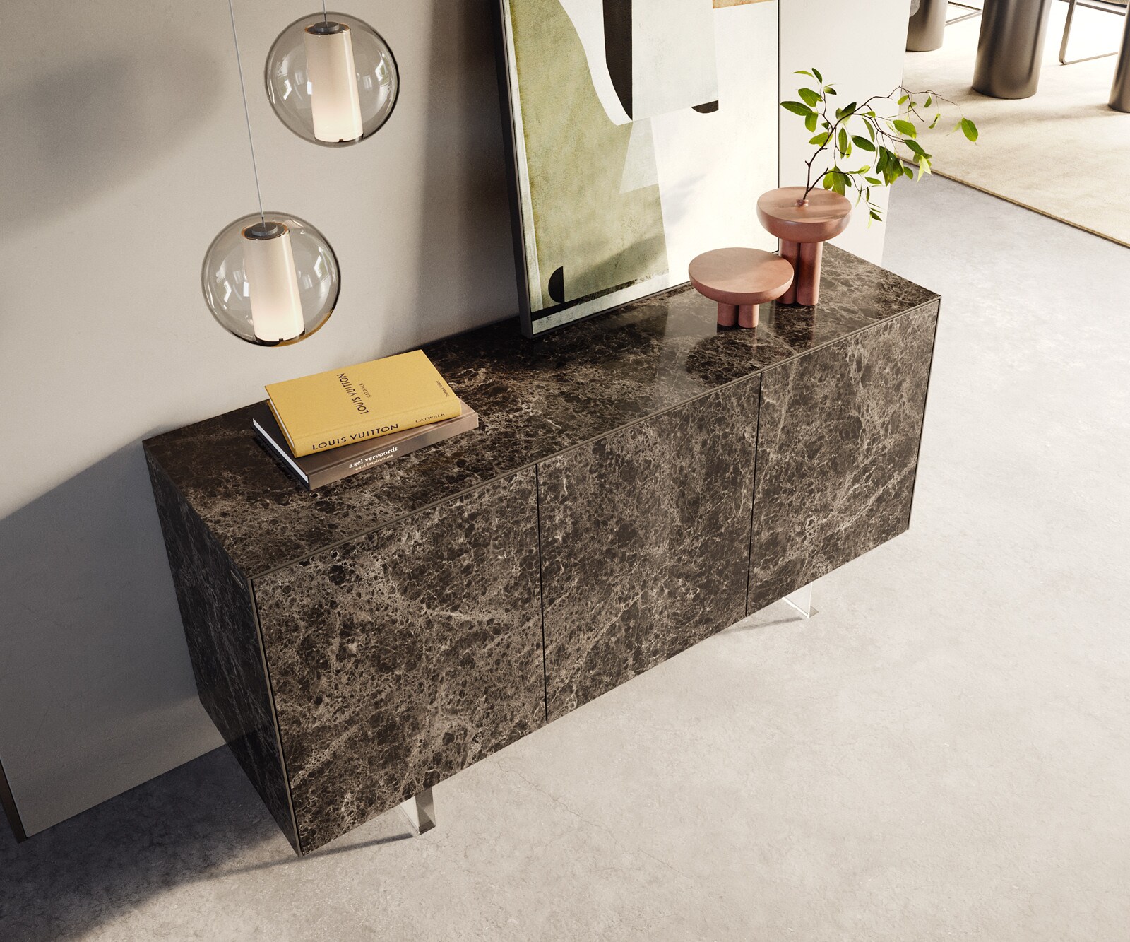Sideboard Cuor 150 cm Keramik Emperador Extra Lucidato Dunkelbraun 3 Türen Fuß Schwebeoptik Acrylglas 3