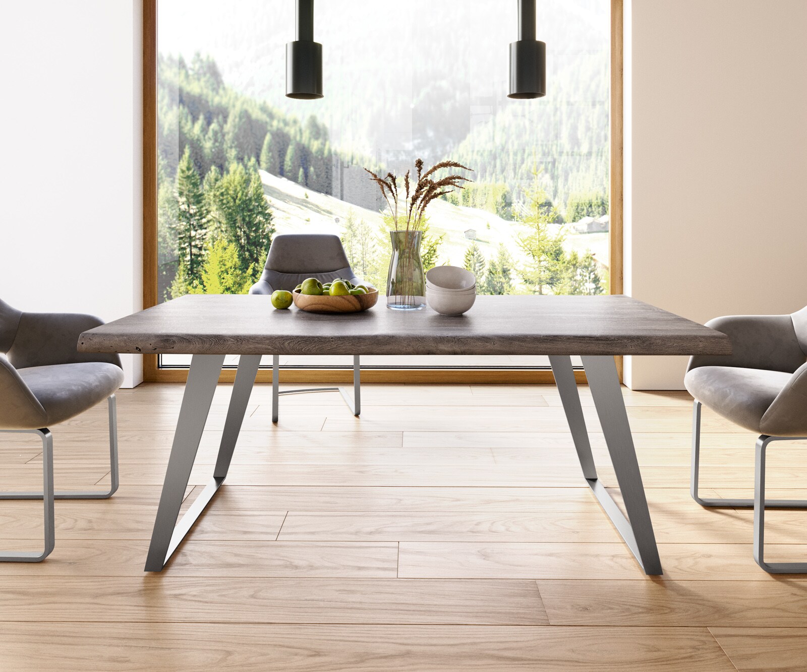 Esstisch Edge 180x90 XL Akazie Platin Edelstahl Schräg Live-Edge 4