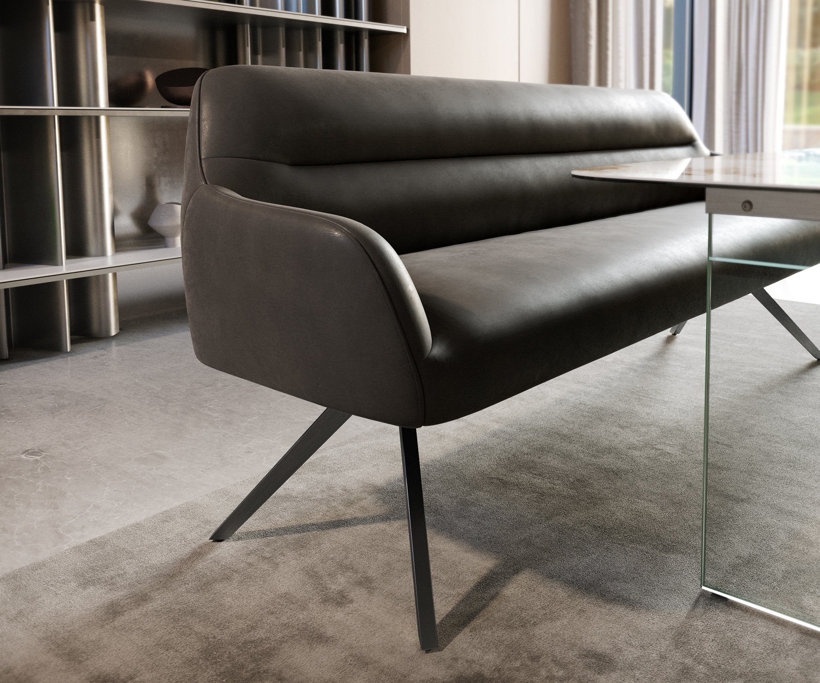 Esszimmerbank Taya-Flex 200 cm Mikrofaser Anthrazit Vintage Kreuzgestell kantig Graphit Taschenfederkern 4