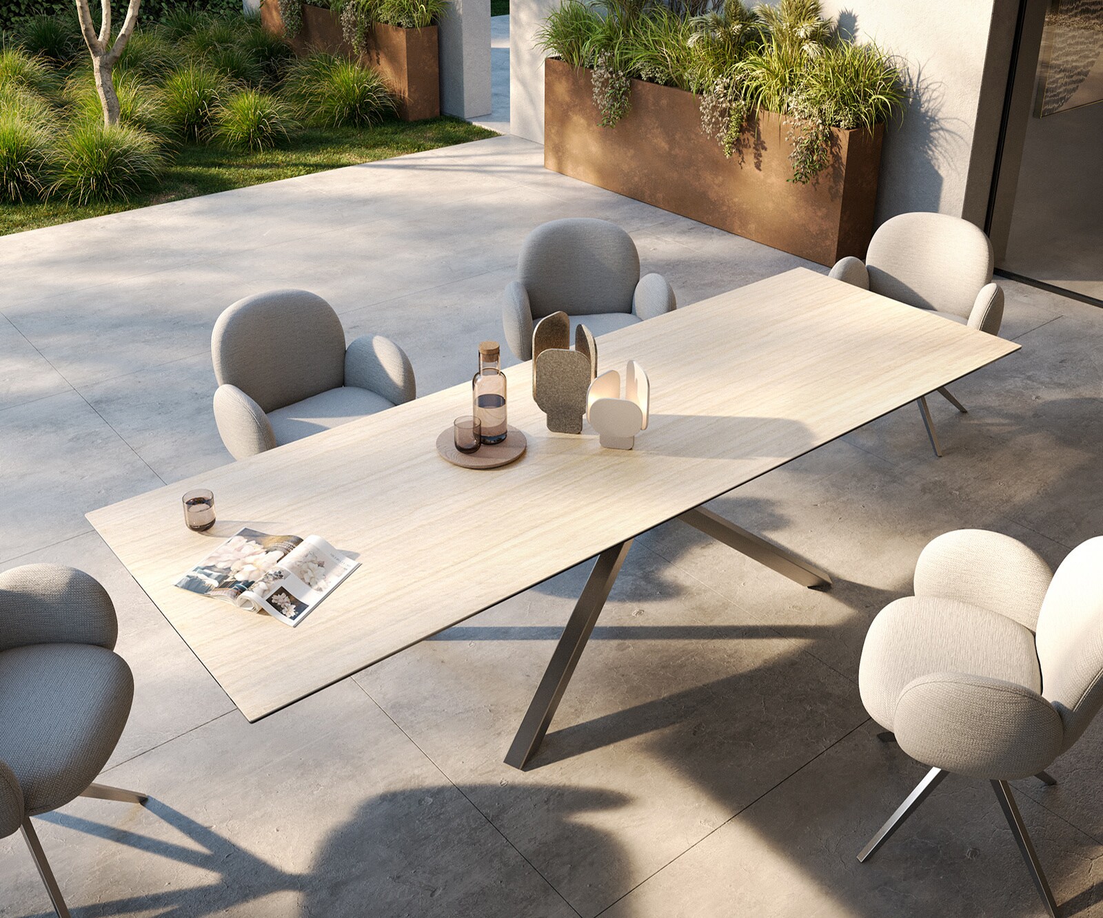 Outdoortisch Edge 300x100 cm Keramik Laminam® Travertino Bianco Creme-Weiß Kreuzgestell Rechteck Edelstahl 3