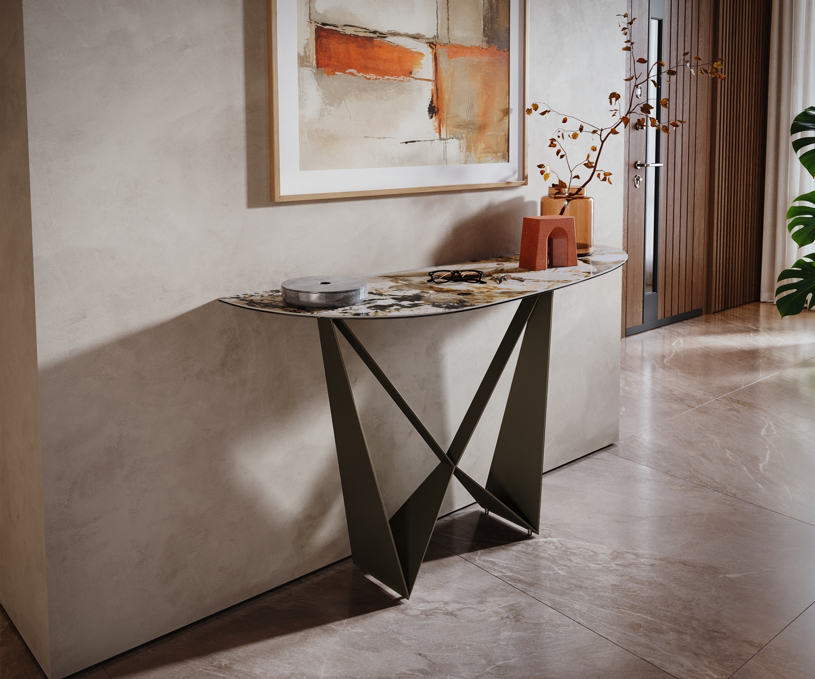 Konsolentisch Edge Oval 140x40 cm Keramik Patagonia Poliert Spios Metall Effektfinish Titan