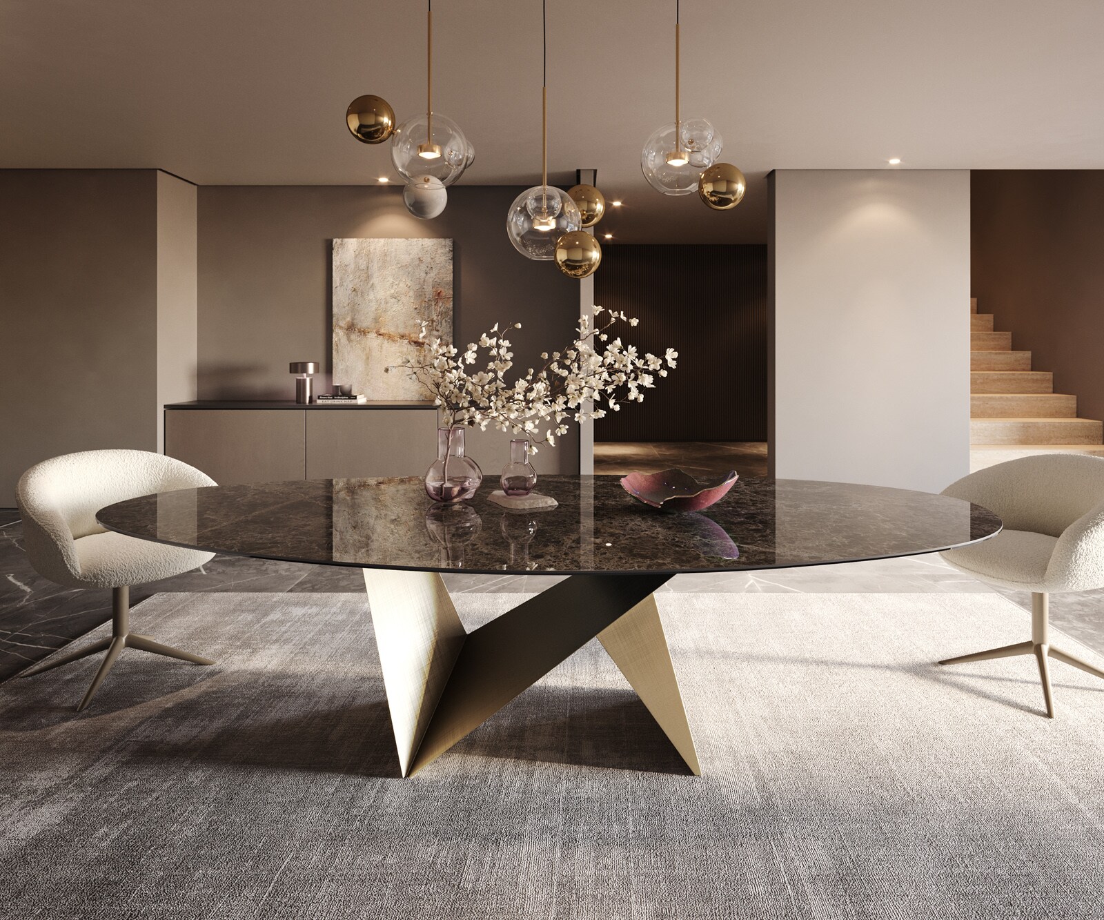 Esstisch Edge Oval 280x130 Keramik Emperador Extra Lucidato Dunkelbraun Origami Metallic Gold 2
