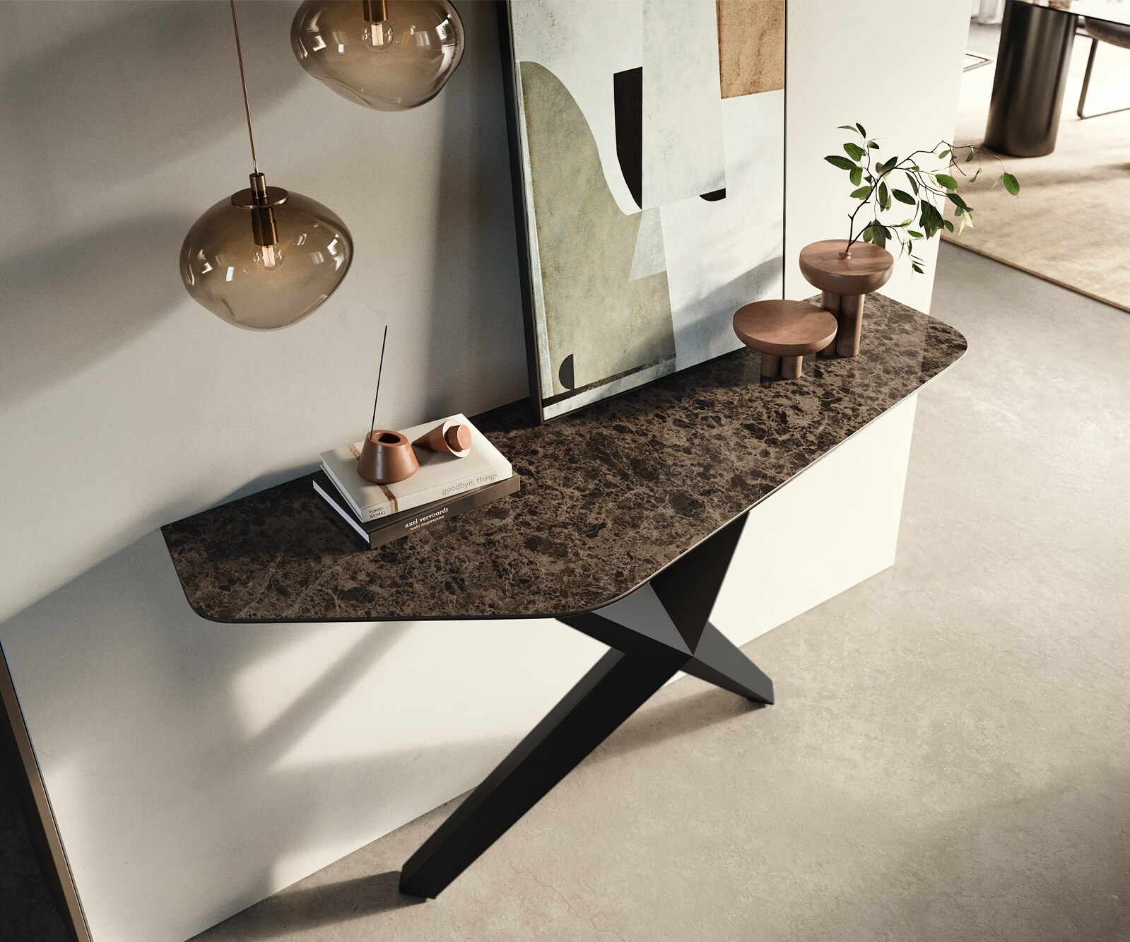 Konsolentisch Edge Polygonal 140x50 cm Keramik Emperador Extra Lucidato Dunkelbraun Zentharo Metall Schwarz 1