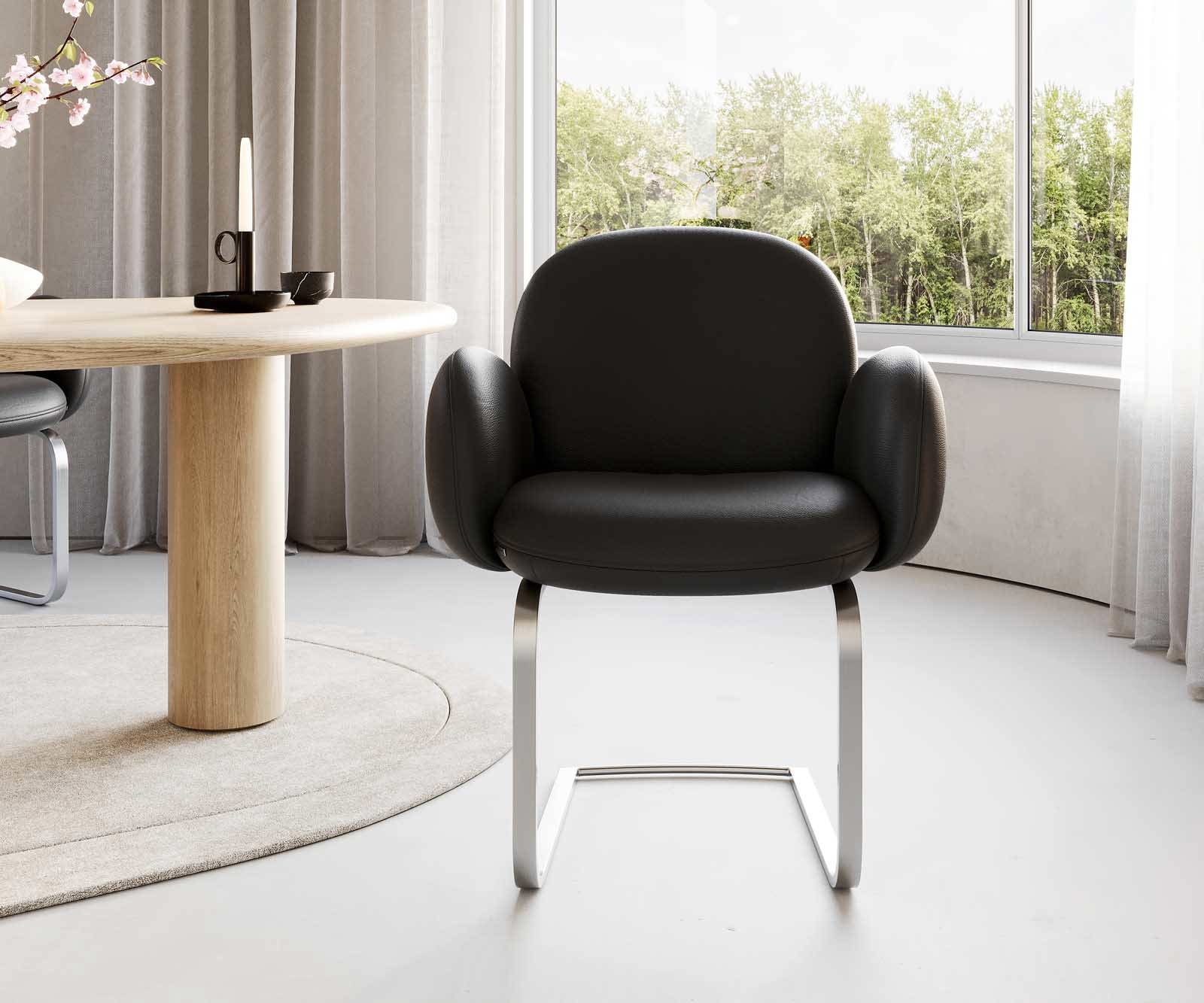 Freischwinger Nube-Flex mit Armlehnen Echt-Leder Schwarz Freischwinger flach Edelstahl Taschenfederkern 2