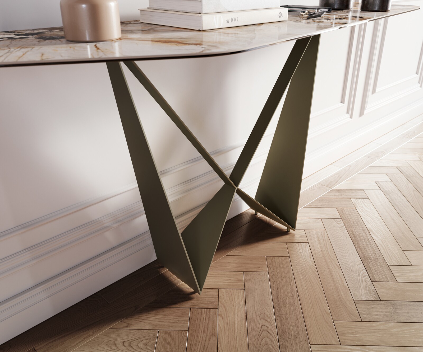 Konsolentisch Edge Polygonal 180x50 cm Keramik Patagonia Poliert Spios Metall Effektfinish Titan 5