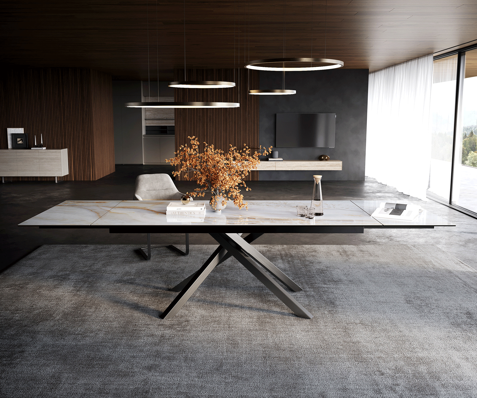 Esstisch Edge 200-300x100 cm Keramik Onyx Pearl Kreuzgestell Rechteck Edelstahl Graphit ausziehbar 2