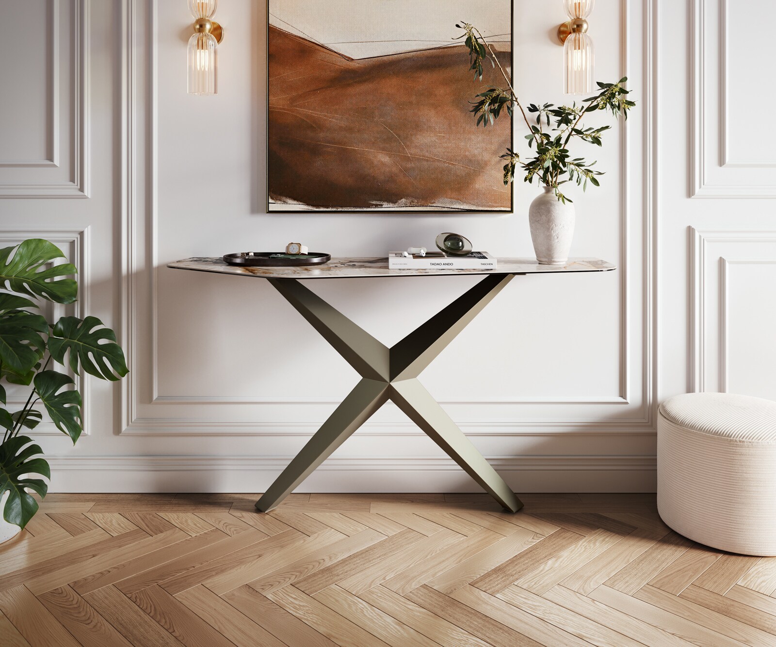 Konsolentisch Edge Polygonal 140x50 cm Keramik Patagonia Poliert Zentharo Metall Effektfinish Titan 3