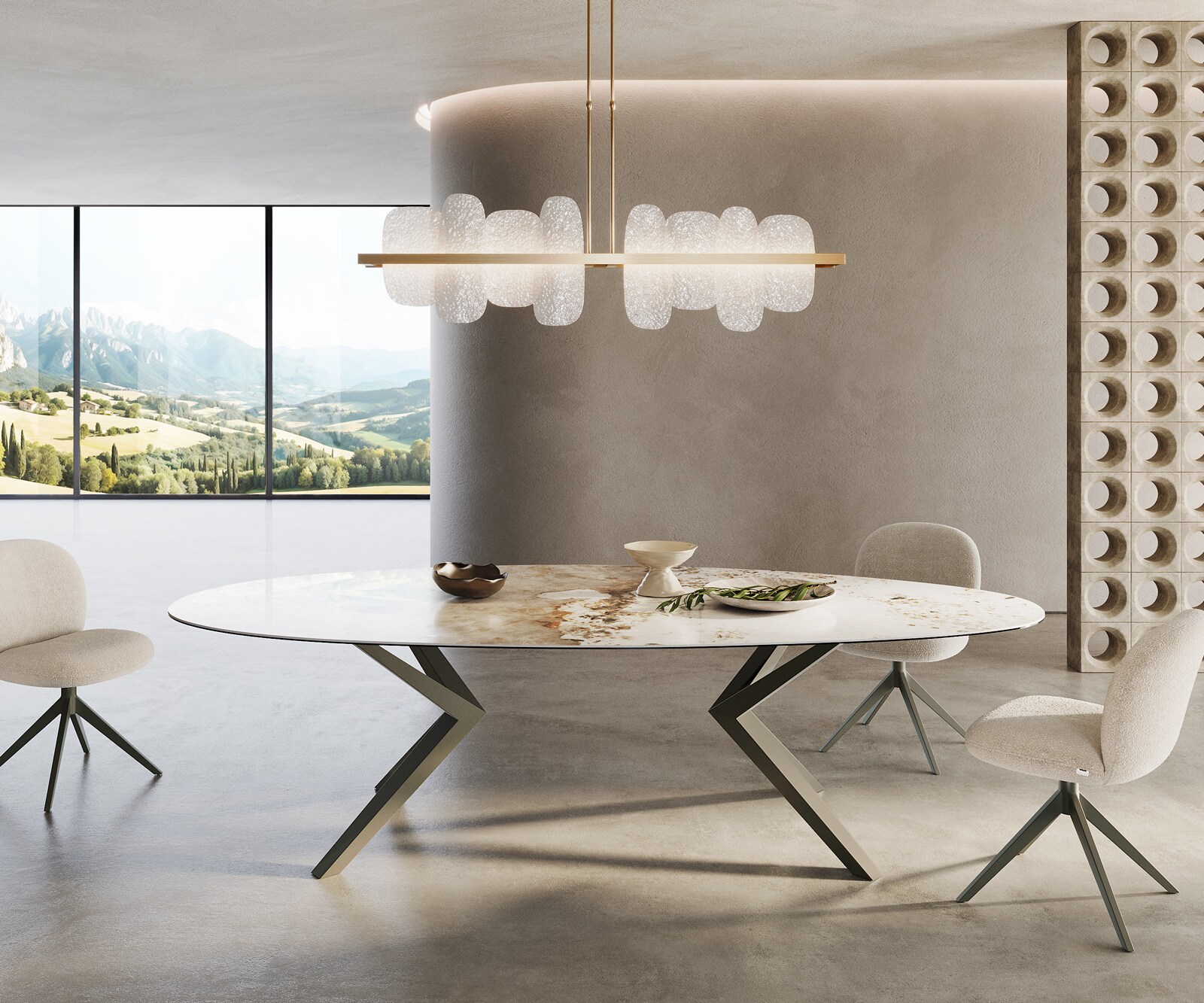 Esstisch Edge Oval 280x130 Keramik Minas Melange Weiß-Beige Zenthara kantig Metall Effektfinish Titan 1