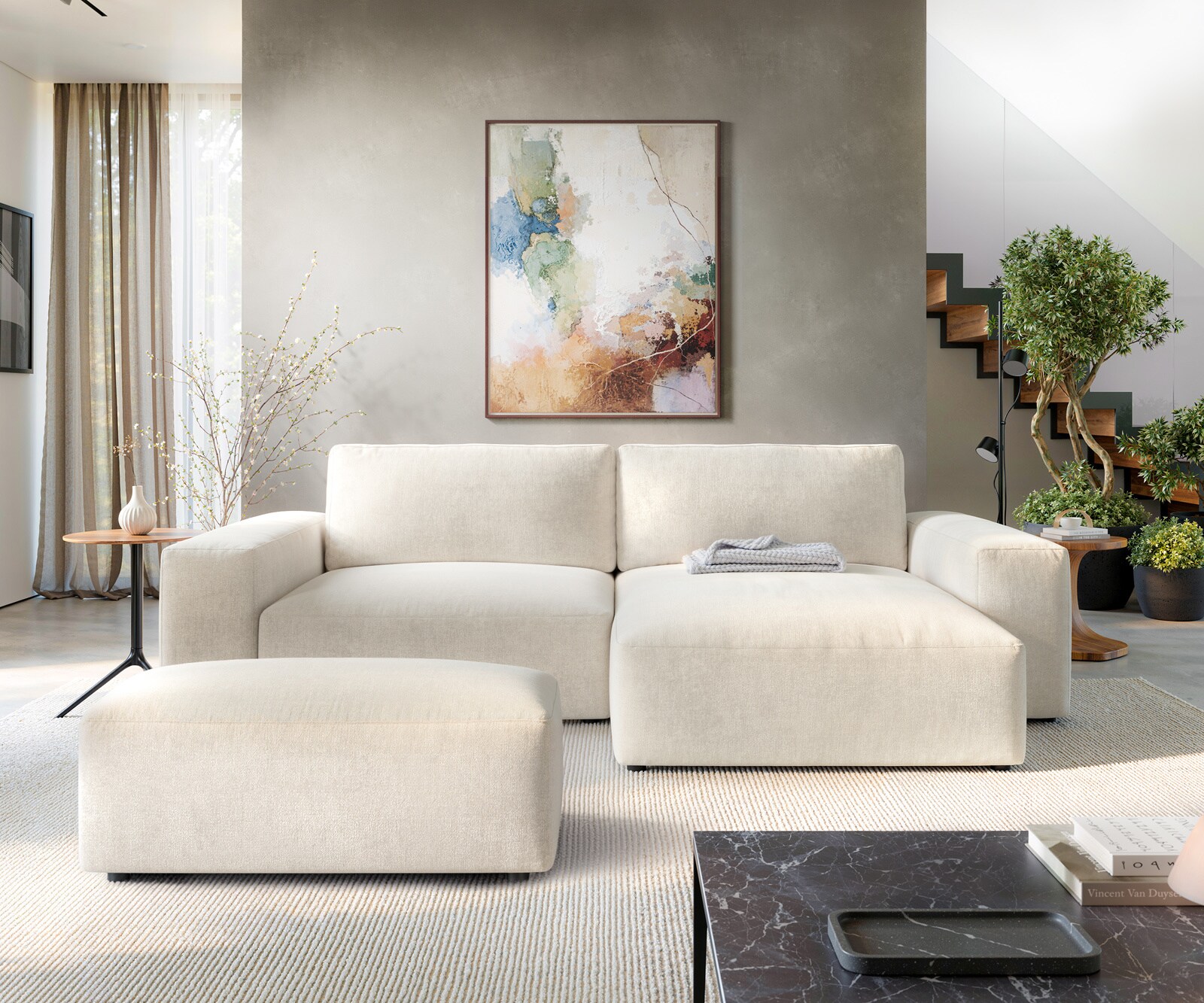 Ecksofa Lanzo XL 270x180 cm Strukturstoff Soft Beige Recamiere variabel mit Hocker 1