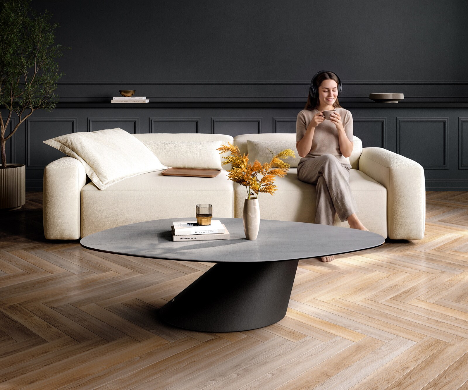 Couchtisch Edge Organisch 140x76 cm Keramik Beton Grau Conis Metall Schwarz 2