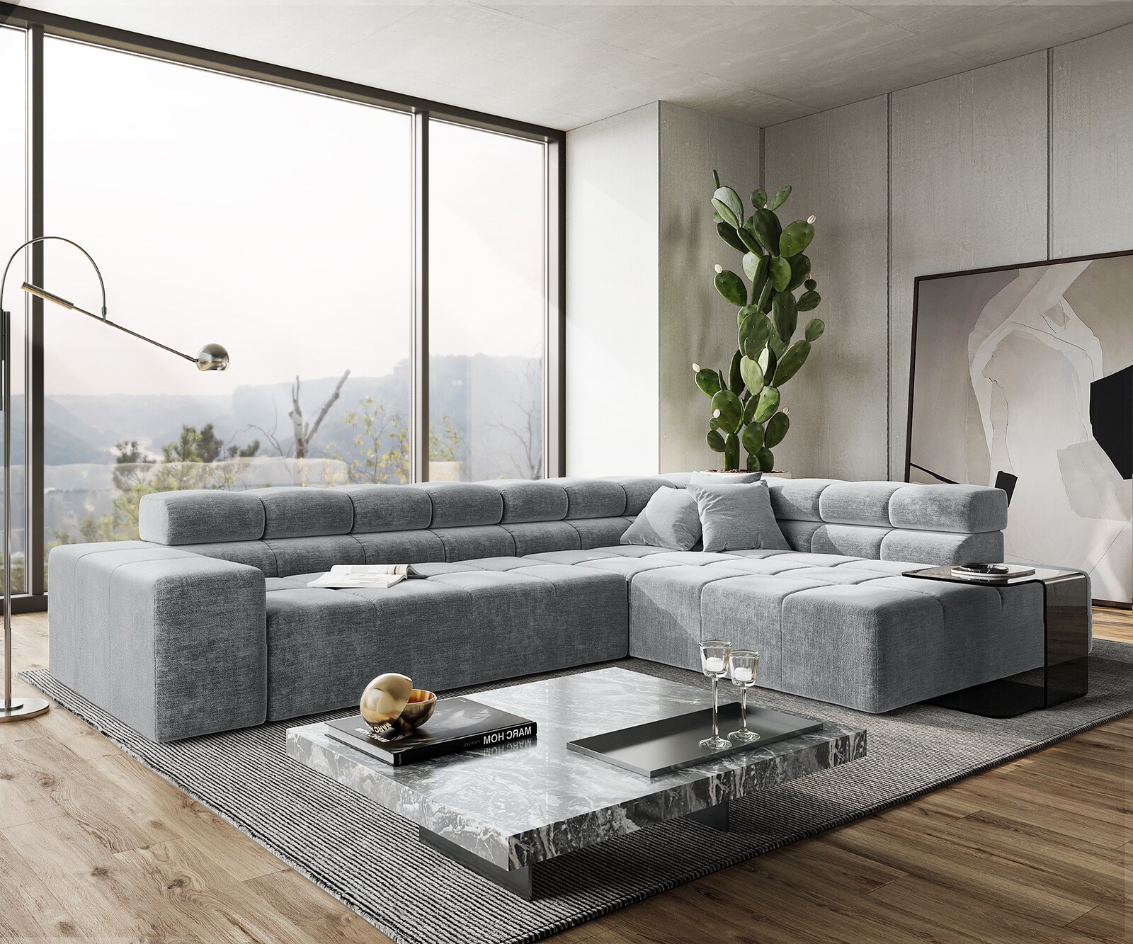 DELIFE Ecksofa Phia 320 x 215 Velour Grau Ottomane rechts motorische Sitztiefenverstellung