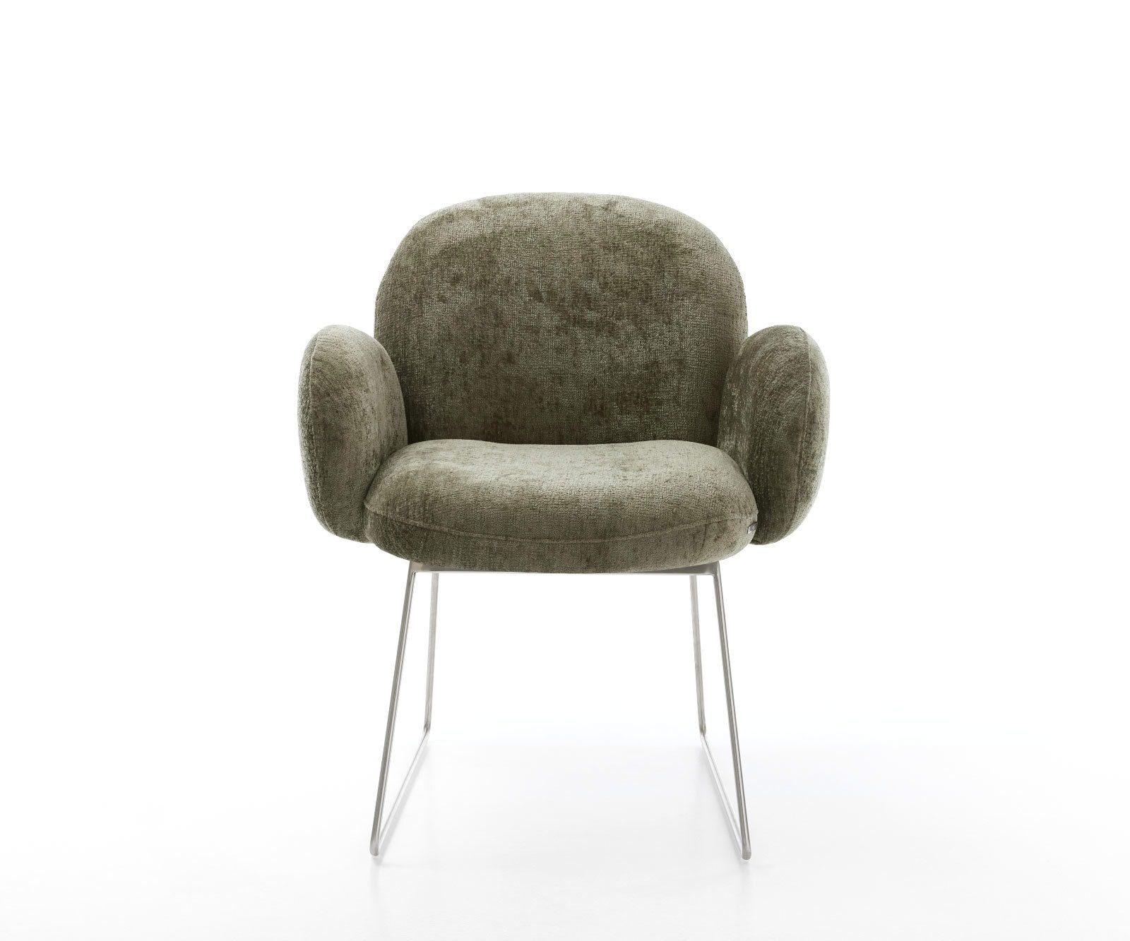 Esszimmerstuhl Nube-Flex mit Armlehnen Chenille Olive Kufengestell Edelstahl Taschenfederkern 1 Esszimmerstuhl Nube-Flex mit Armlehnen Chenille Olive Kufengestell Edelstahl Taschenfederkern 1