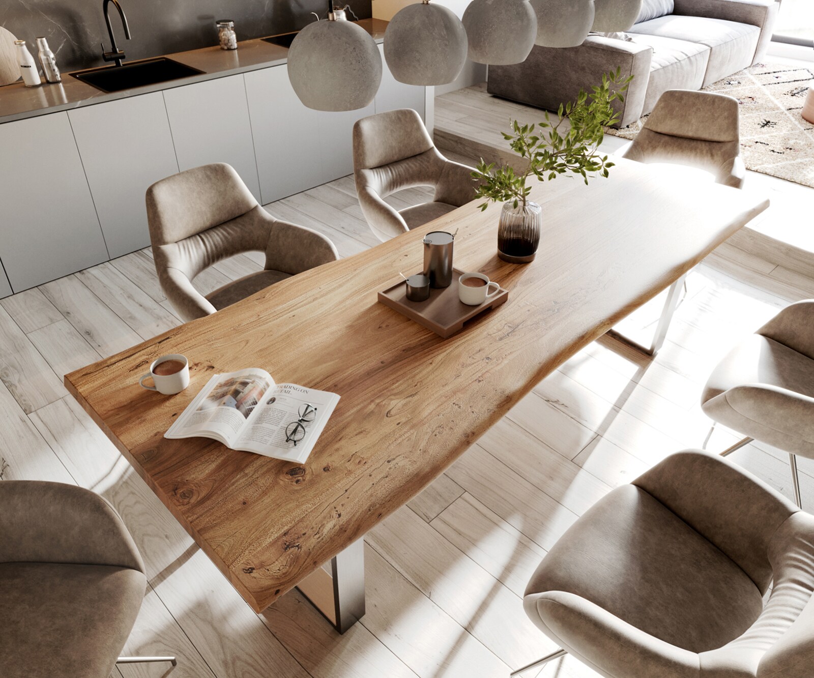 Esstisch Edge 280x100cm XL Akazie Natur Edelstahl schmal Live-Edge 3