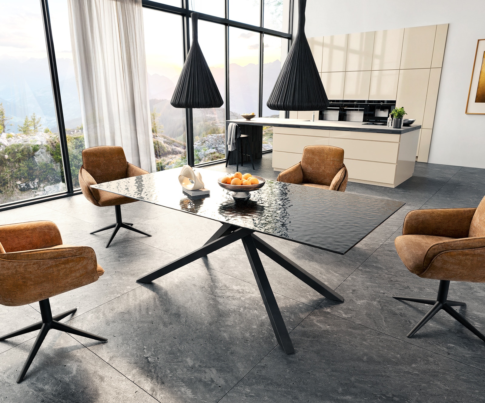Esstisch Edge 200x100 Reliefglas Rauchschwarz 3D-Design Kreuzgestell Rechteck Schwarz 6