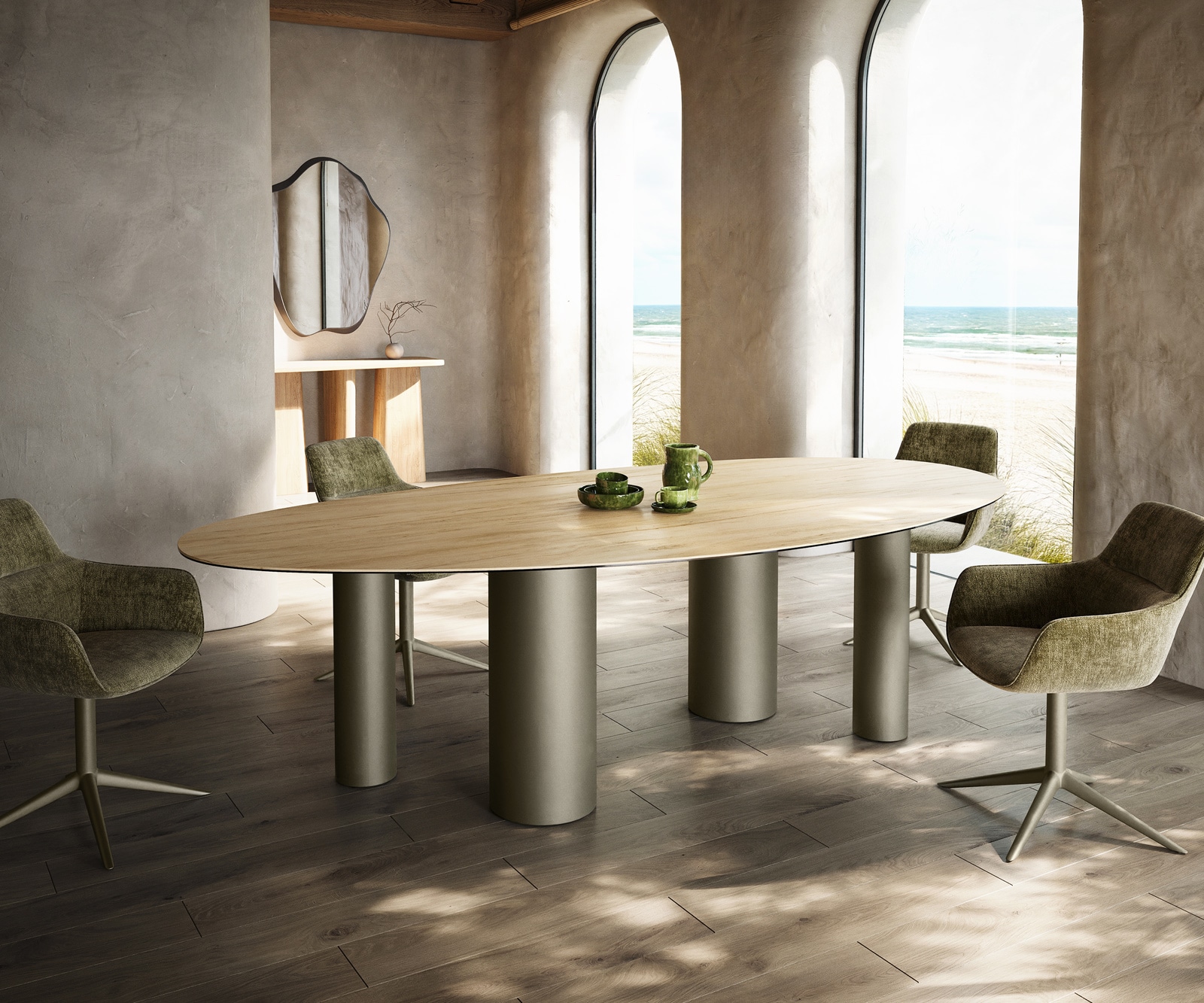 Esstisch Edge Oval 280x130 Keramik Laminam® Sabbia Eichefarbig Pilier Metal günstig online kaufen
