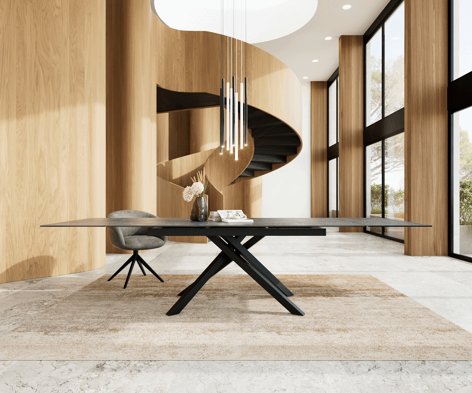 Esstisch Edge 200-300x100 Keramik Laminam®Nero Greco Anthrazit Kreuzgestell Rechteck Schwarz ausziehbar 1