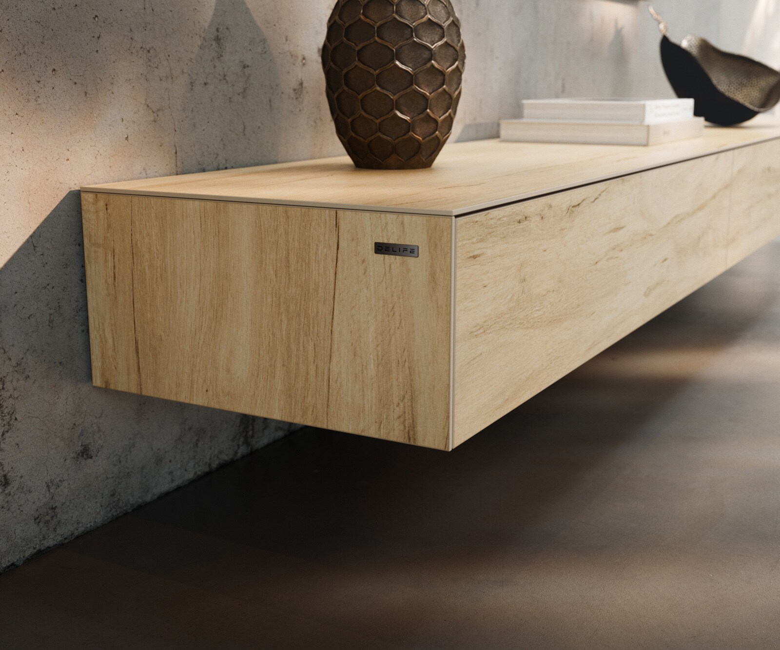 Lowboard Cuor 250 cm Keramik Laminam® Sabbia Eichefarbig 1 Klappe 1 Schubfach Fuß Schwebeoptik Edelstahl 6