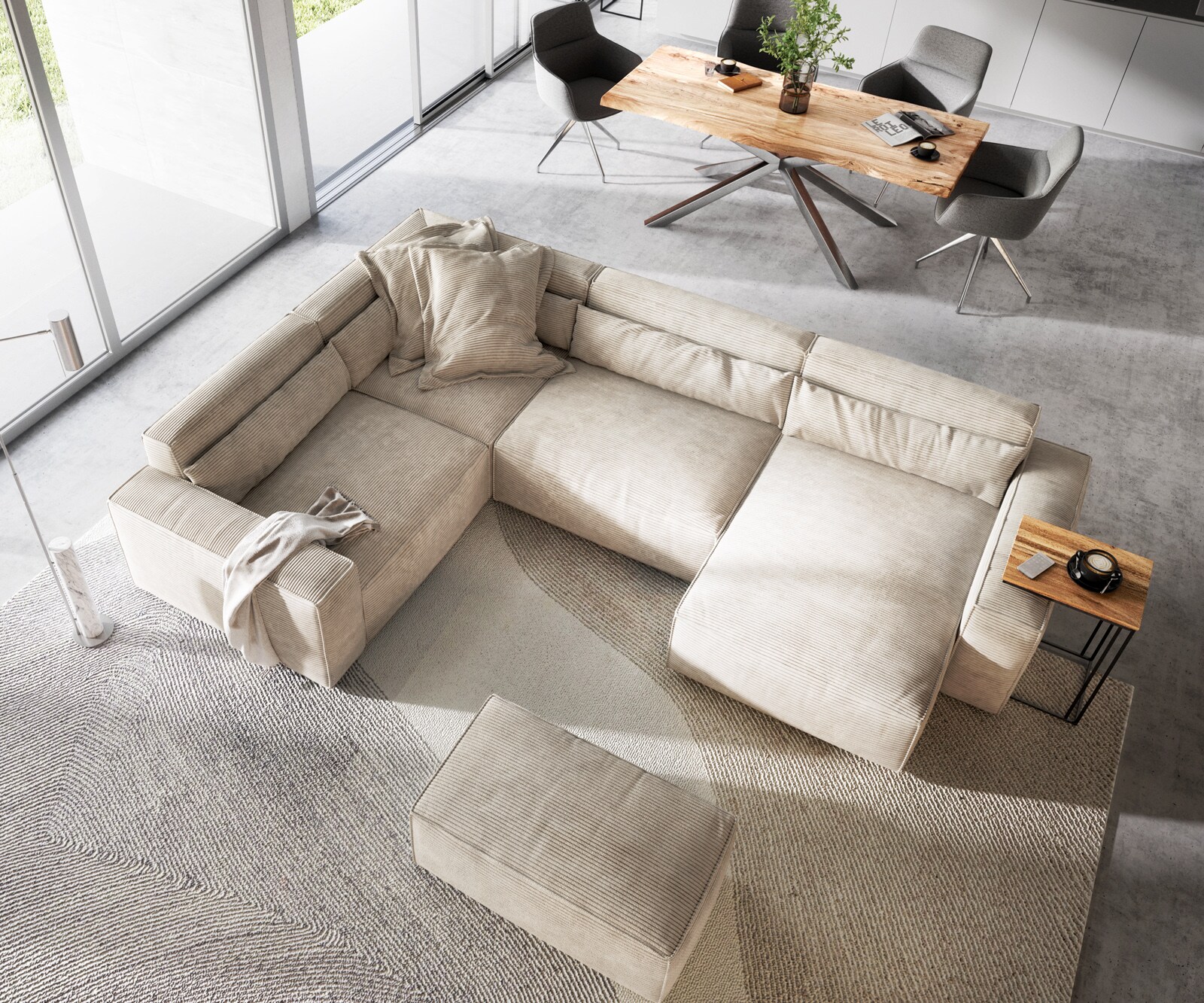 Wohnlandschaft Sirpio 300x210 cm Cord Beige Recamiere variabel mit Hocker 4