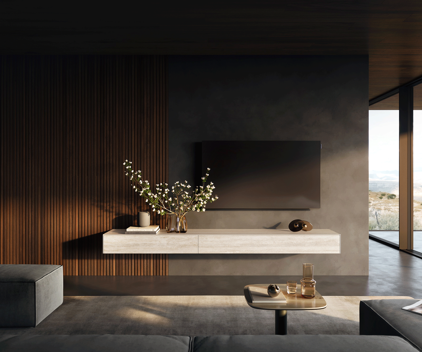 Lowboard Cuor 250 cm Keramik Laminam® Travertino Bianco Creme-Weiß 1 Klappe 1 Schubfach Schwebend 3