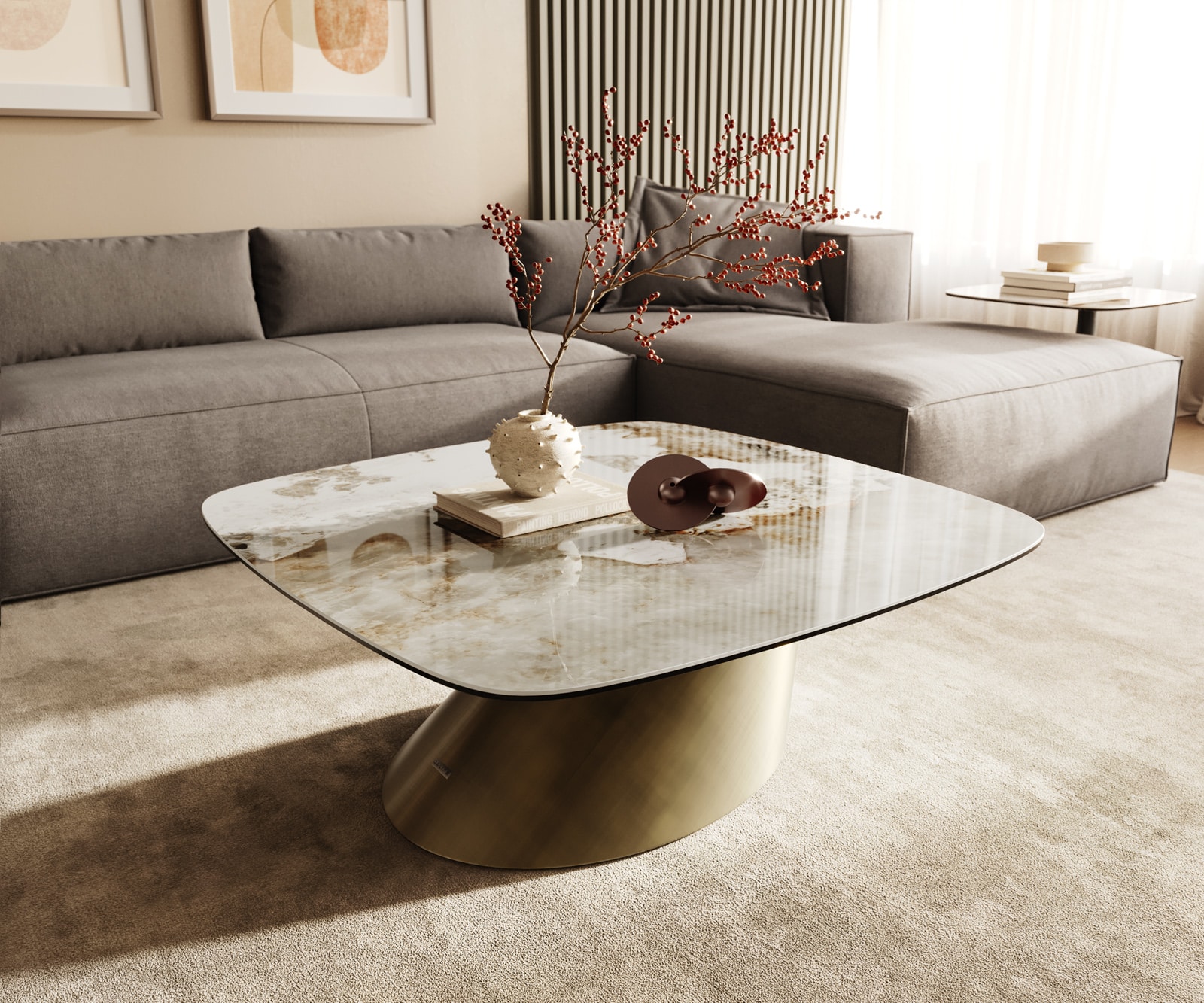 Couchtisch Edge Boot 90x90 cm Keramik Minas Melange Conis Metallic Gold