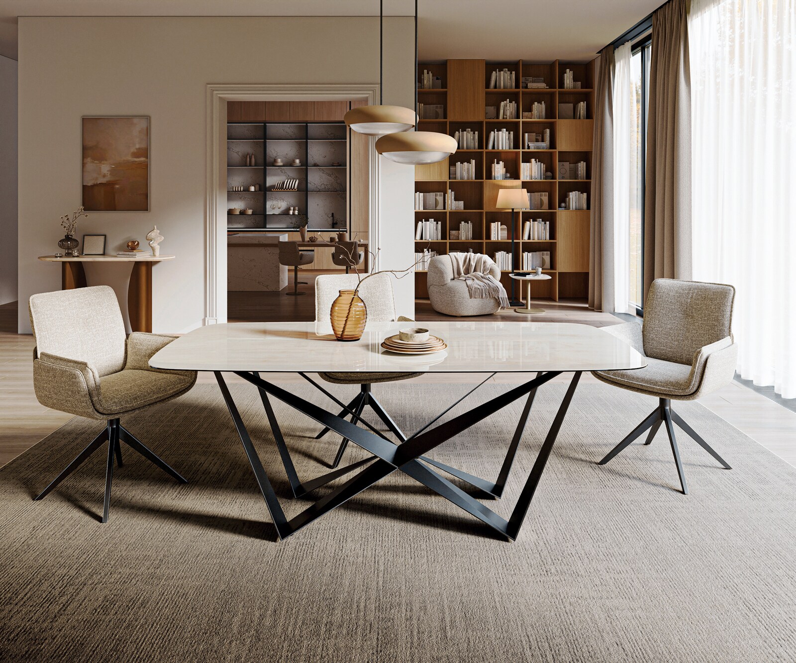 Esstisch Edge Boot 200x100 cm Keramik Onyx Champagne Spider Flachstahl Schwarz 2