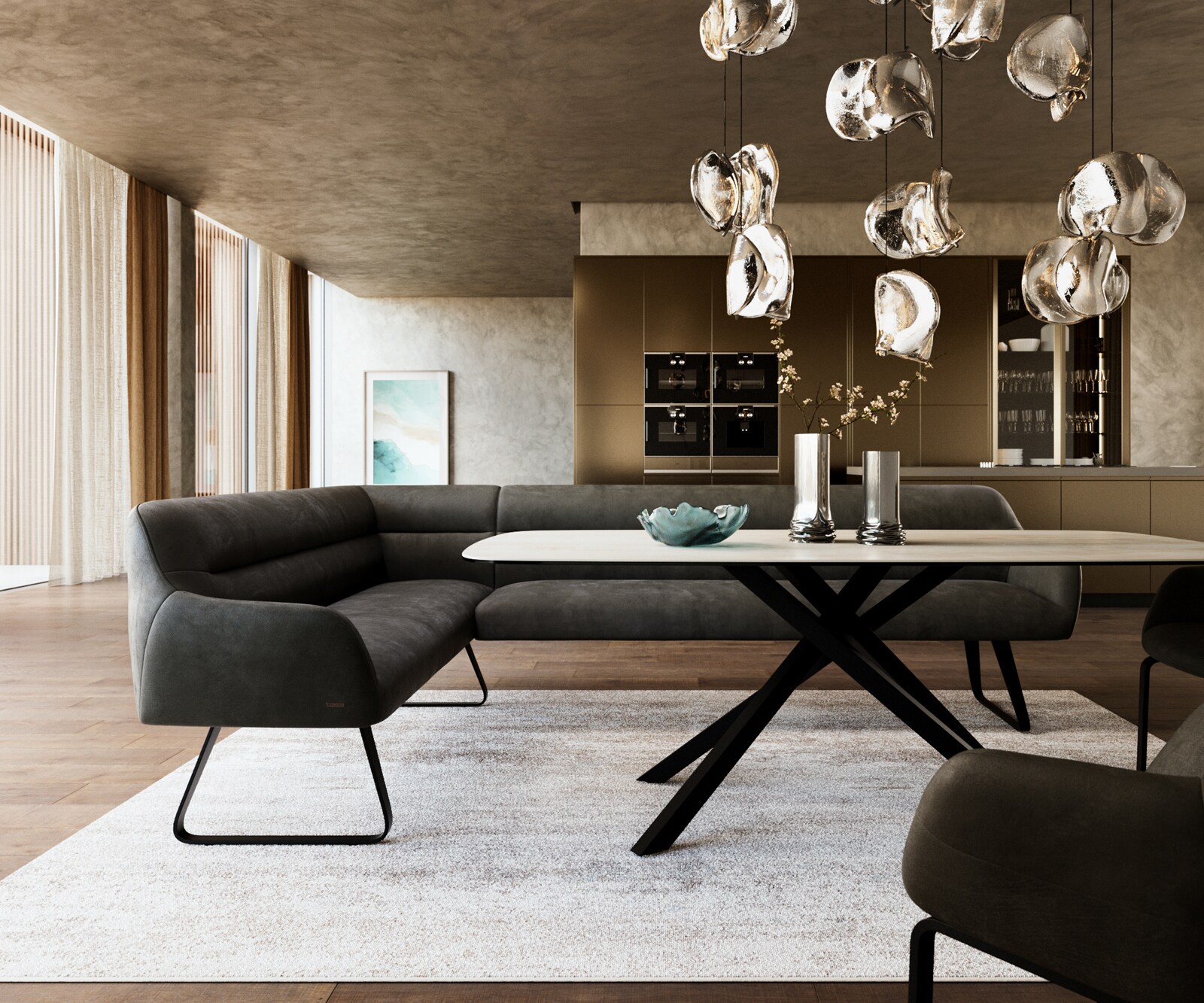 Esszimmerbank Taya-Flex 285x190 cm Mikrofaser Anthrazit Vintage Kufengestell flach Schwarz Taschenfederkern Rechts 1