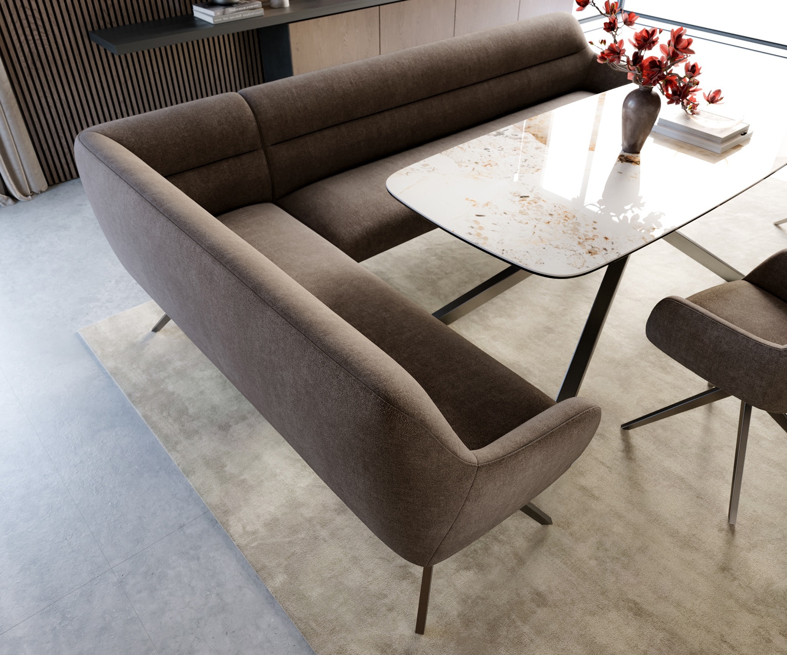 Esszimmerbank Taya-Flex 285x190 cm Strukturstoff Soft Taupe Kreuzgestell kantig Graphit Taschenfederkern Rechts 3