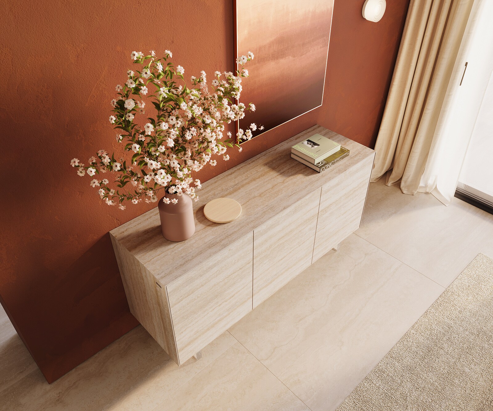 Sideboard Cuor 150 cm Keramik Laminam® Travertino Bianco Creme-Weiß 3 Türen Fuß Schwebeoptik Acrylglas 4