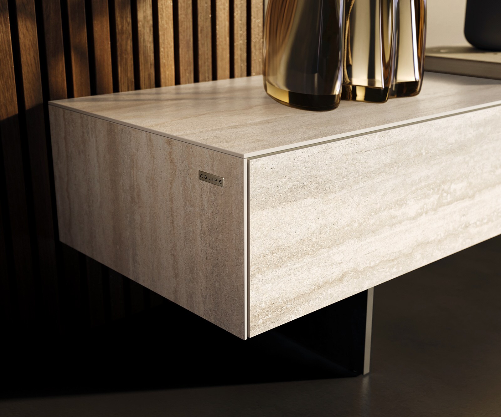 Lowboard Cuor 200 cm Keramik Laminam® Travertino Bianco Creme-Weiß 1 Klappe 1 Schubfach Fuß Schwebeoptik Metall Schwarz 5