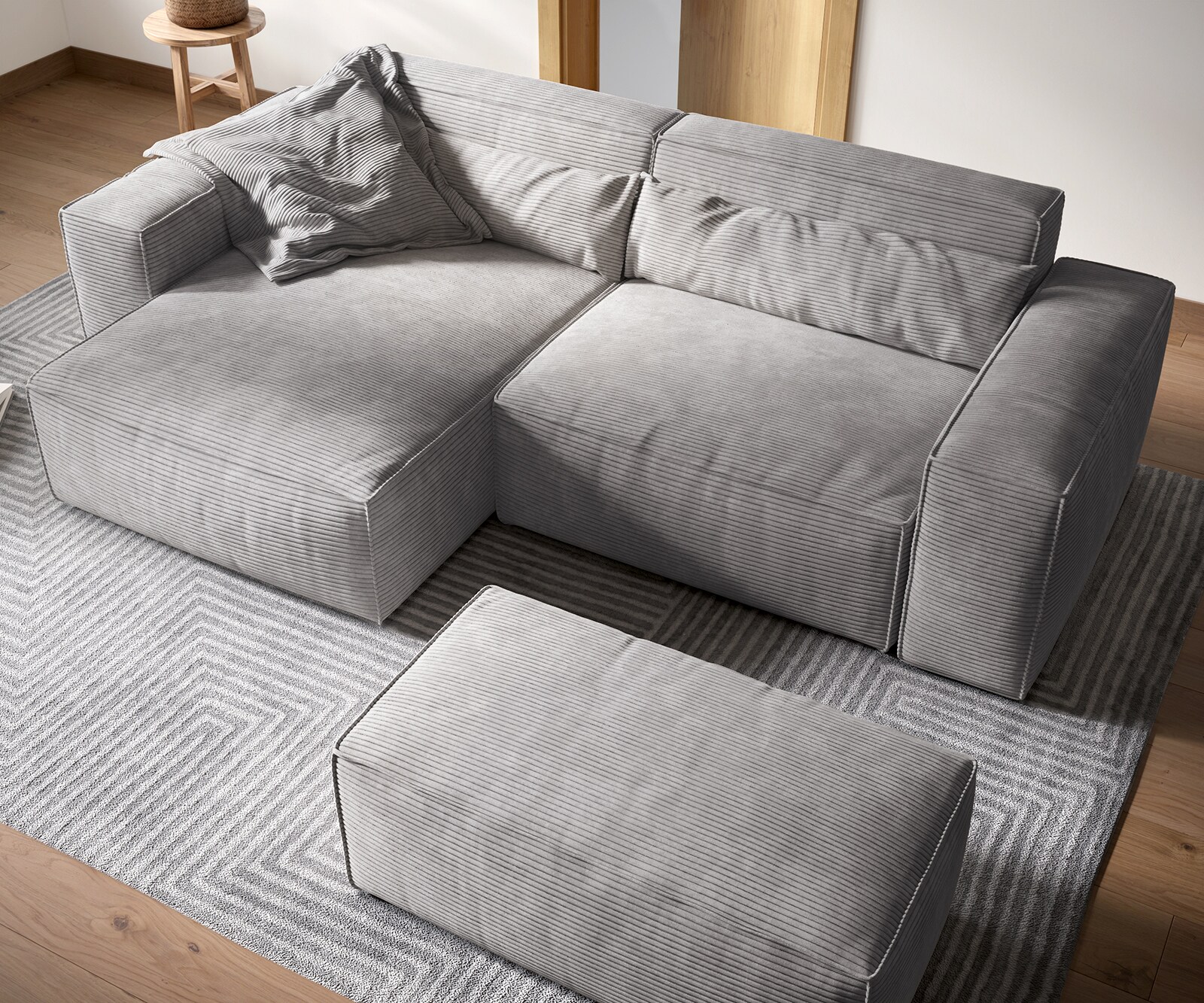 Ecksofa Sirpio XL 270x170 cm Cord Silbergrau Recamiere variabel mit Hocker 3