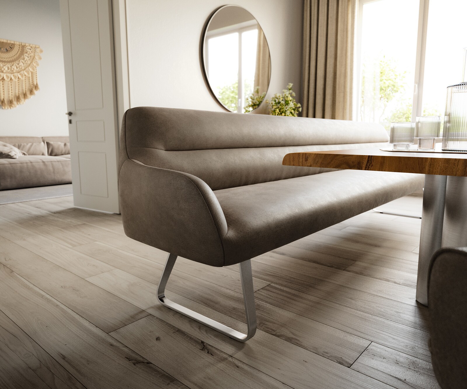 Esszimmerbank Taya-Flex 300 cm Mikrofaser Taupe Vintage Kufengestell flach Edelstahl Taschenfederkern 4