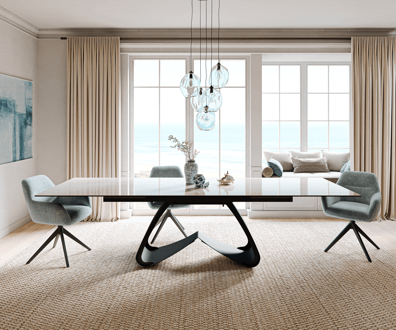 Esstisch Edge 200-300x100 cm Keramik Onyx Champagne W-Gestell Metall Schwarz ausziehbar 2